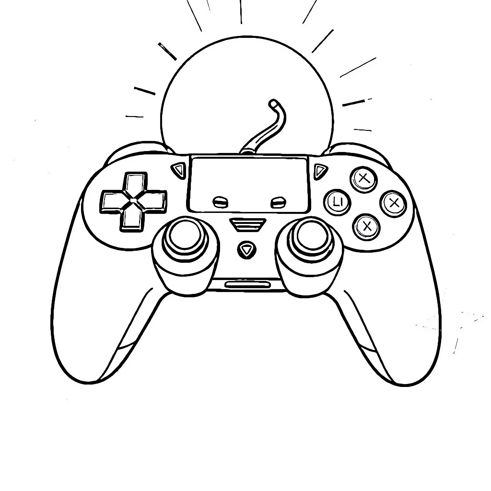 Video Game Controller with Sunset Backdrop Coloring Page (free black-and-white line drawing printable PDF for all, from beginners to advanced learners, including children, teens, adults, and seniors)