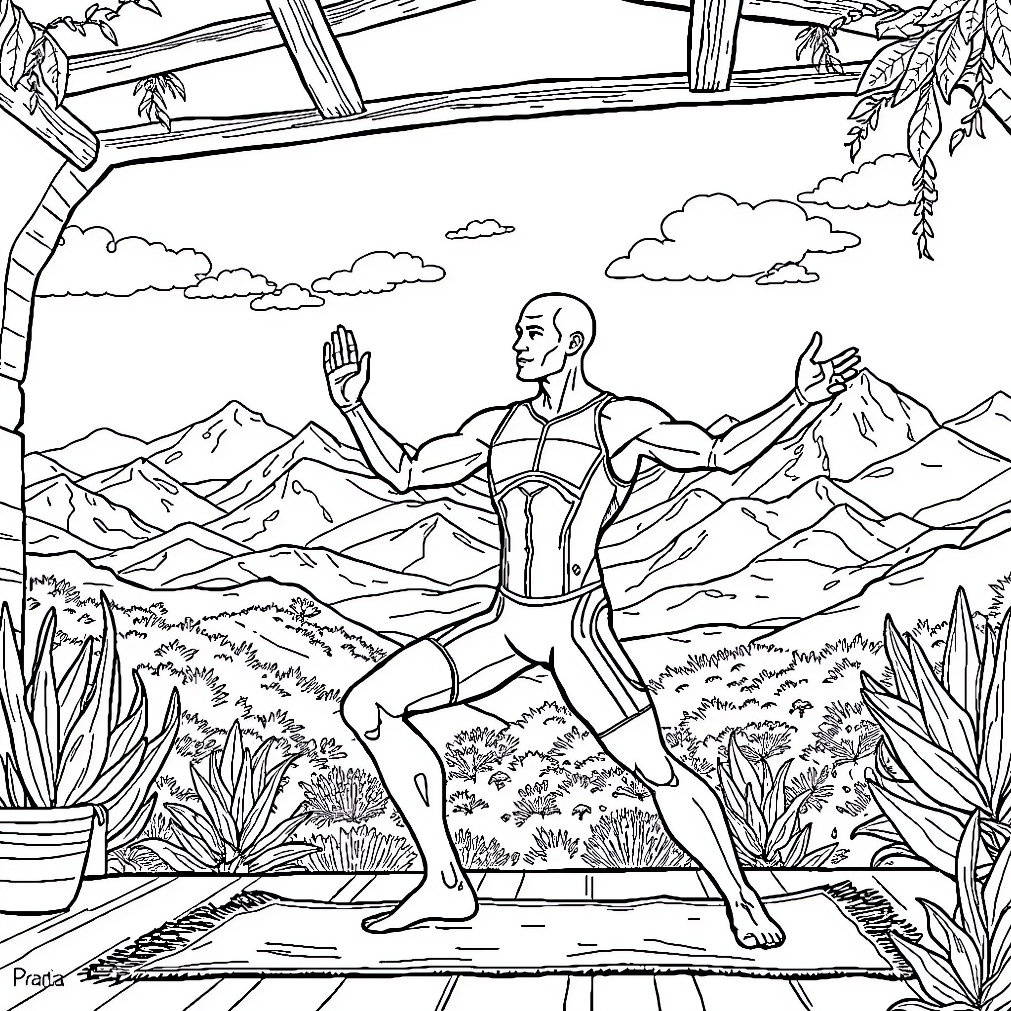 Ironman posing with mountain scenery Coloring Page (free black-and-white line drawing printable PDF for all, from beginners to advanced learners, including children, teens, adults, and seniors)