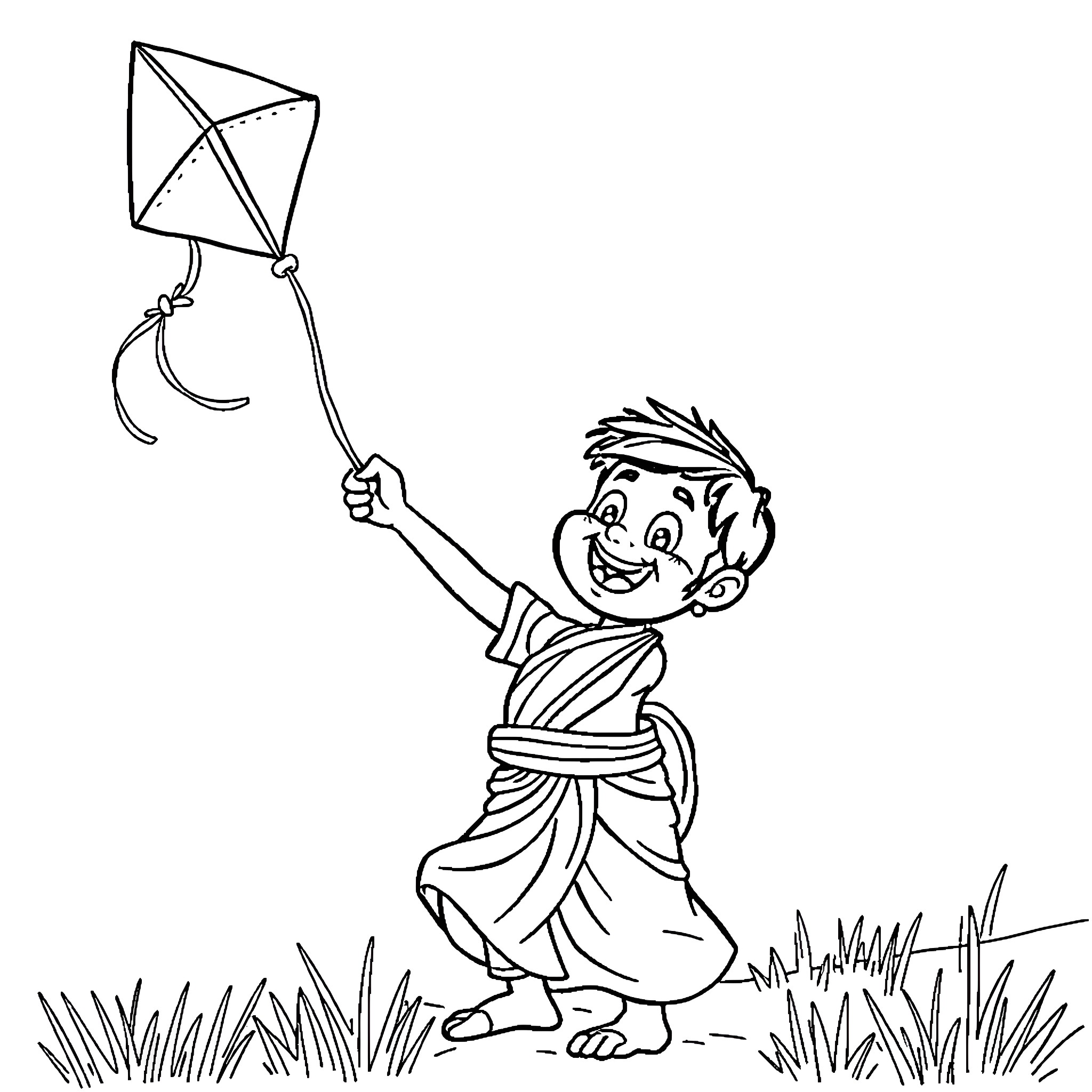 Bheem flying a kite in the field Coloring Page (free black-and-white line drawing printable PDF for all, from beginners to advanced learners, including children, teens, adults, and seniors)
