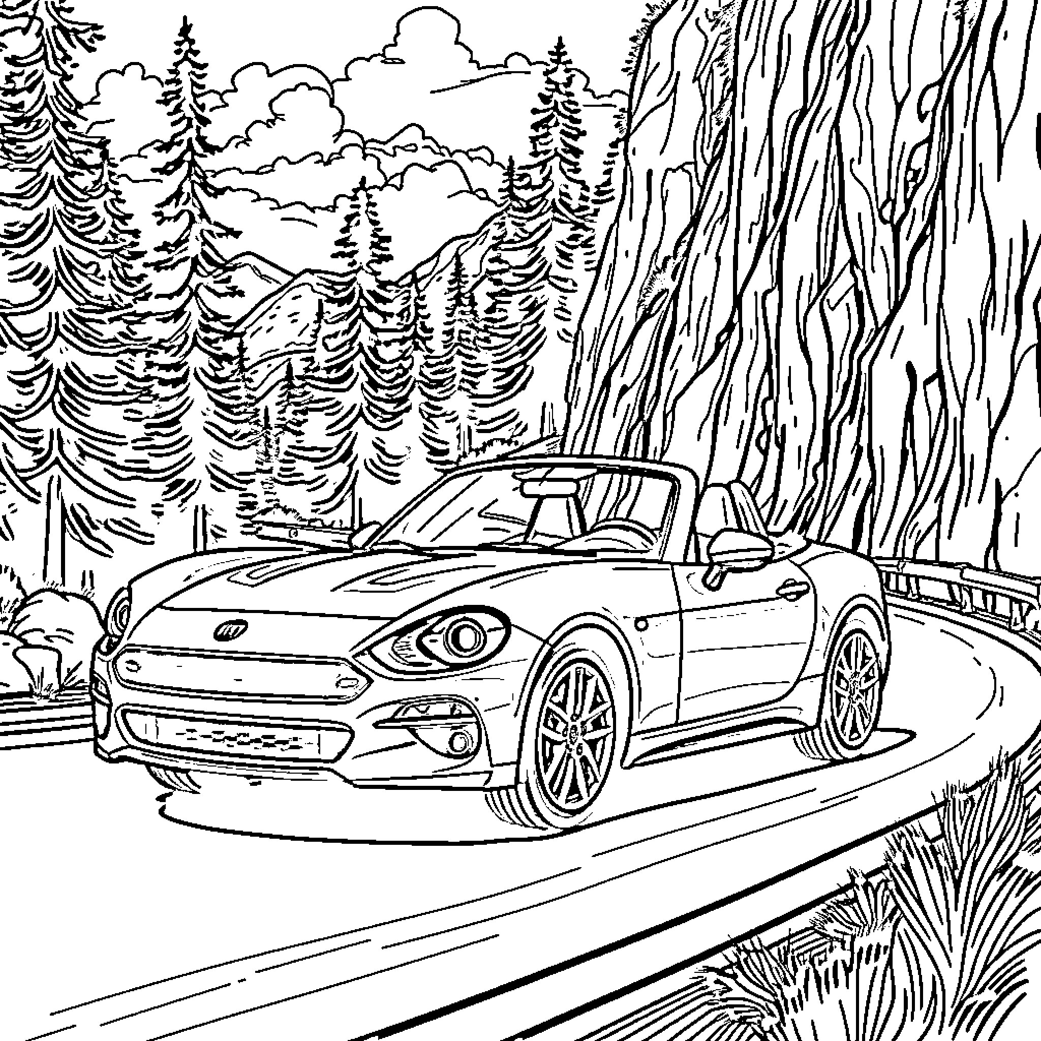 Fiat Sports Car Driving Through Scenic Forest Coloring Page (free black-and-white line drawing printable PDF for all, from beginners to advanced learners, including children, teens, adults, and seniors)