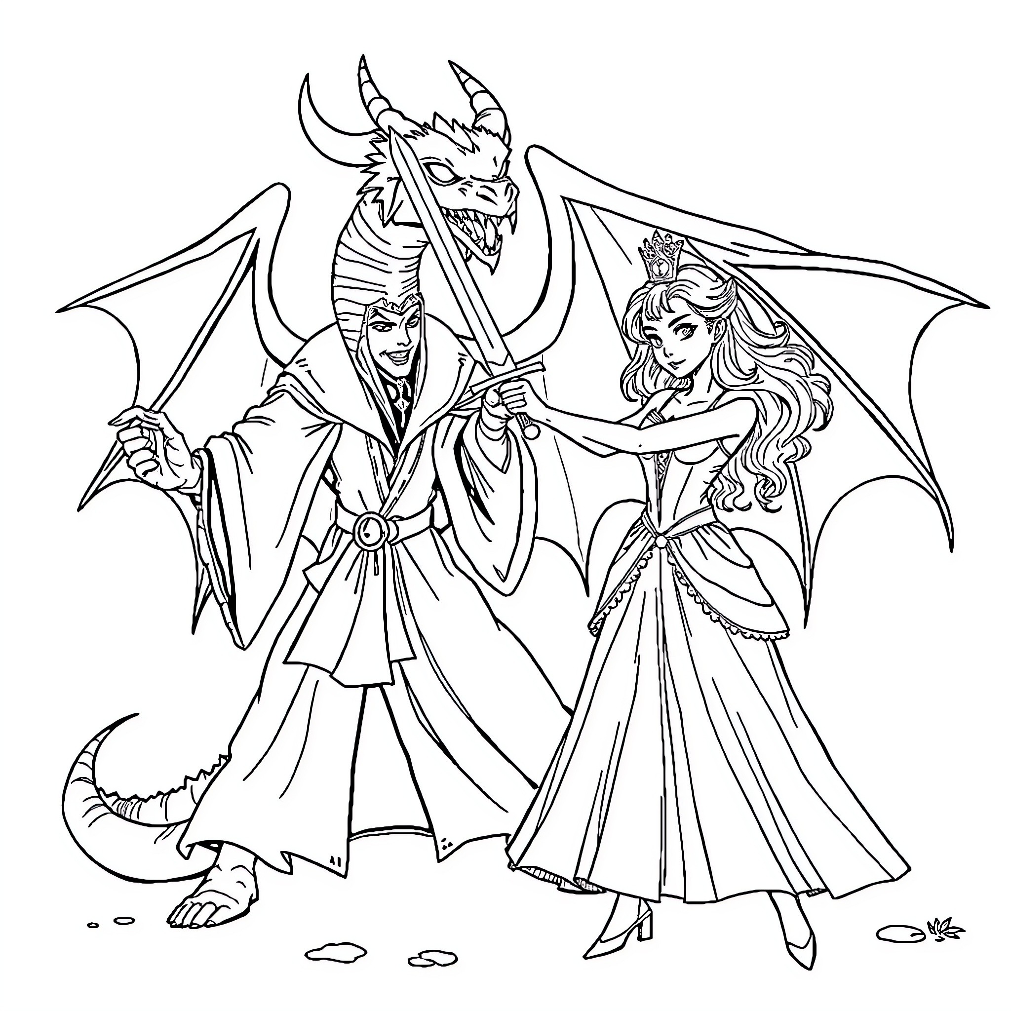 Princess and the Dragon Warrior in Fantastical Attire Coloring Page (free black-and-white line drawing printable PDF for all, from beginners to advanced learners, including children, teens, adults, and seniors)