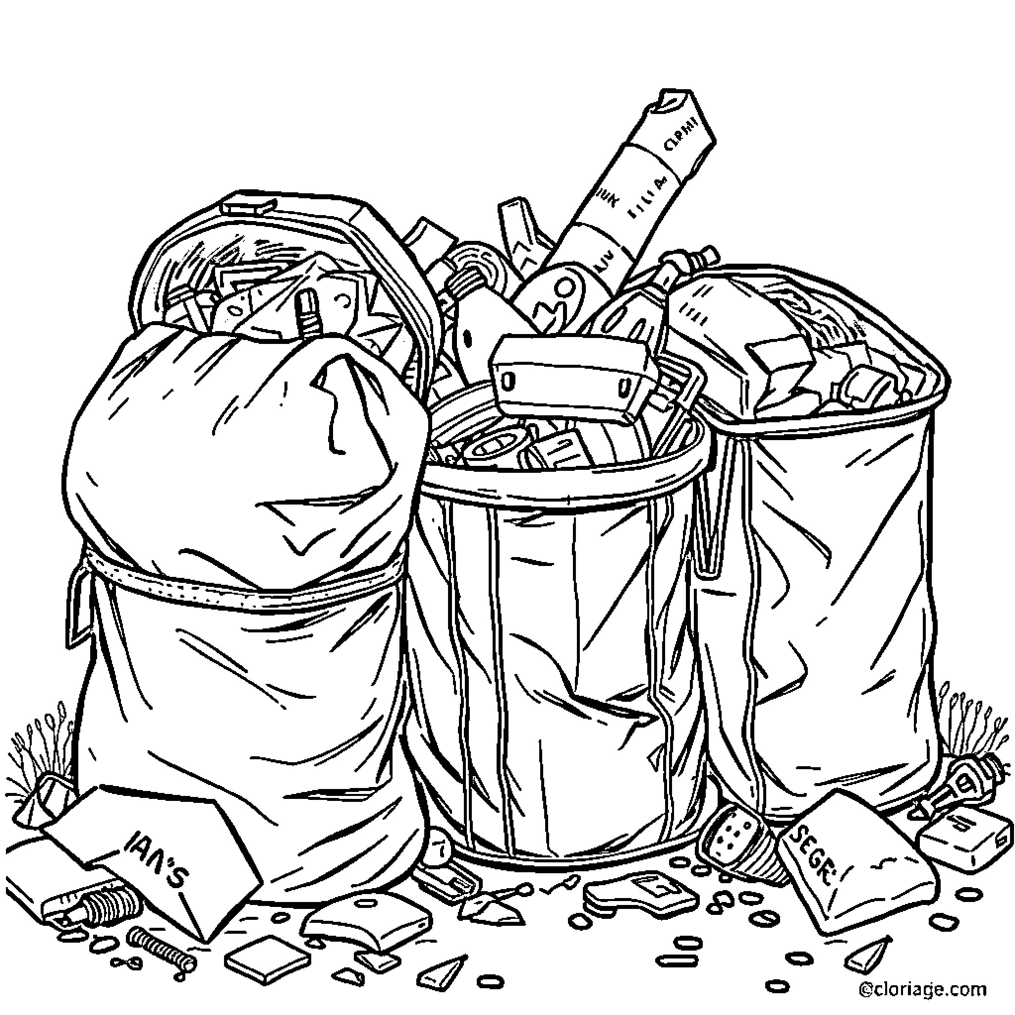 Trash Pack Overflowing with Discarded Items Coloring Page (free black-and-white line drawing printable PDF for all, from beginners to advanced learners, including children, teens, adults, and seniors)