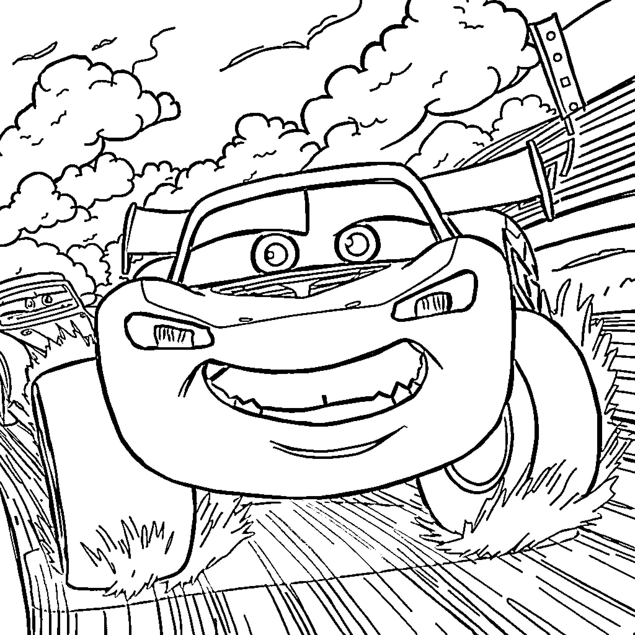McQueen racing through the countryside Coloring Page (free black-and-white line drawing printable PDF for all, from beginners to advanced learners, including children, teens, adults, and seniors)