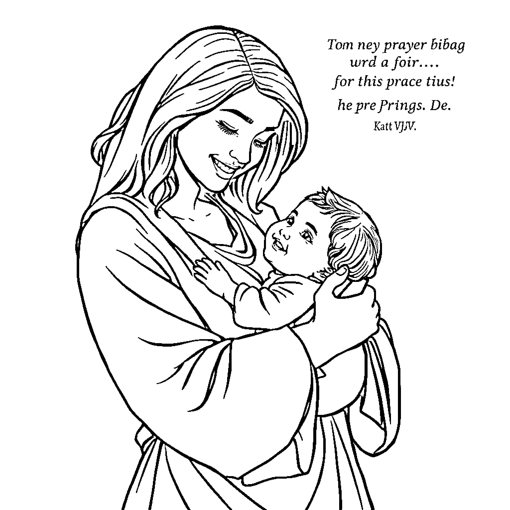 Prayer of a Mother and Child Coloring Page (free black-and-white line drawing printable PDF for all, from beginners to advanced learners, including children, teens, adults, and seniors)