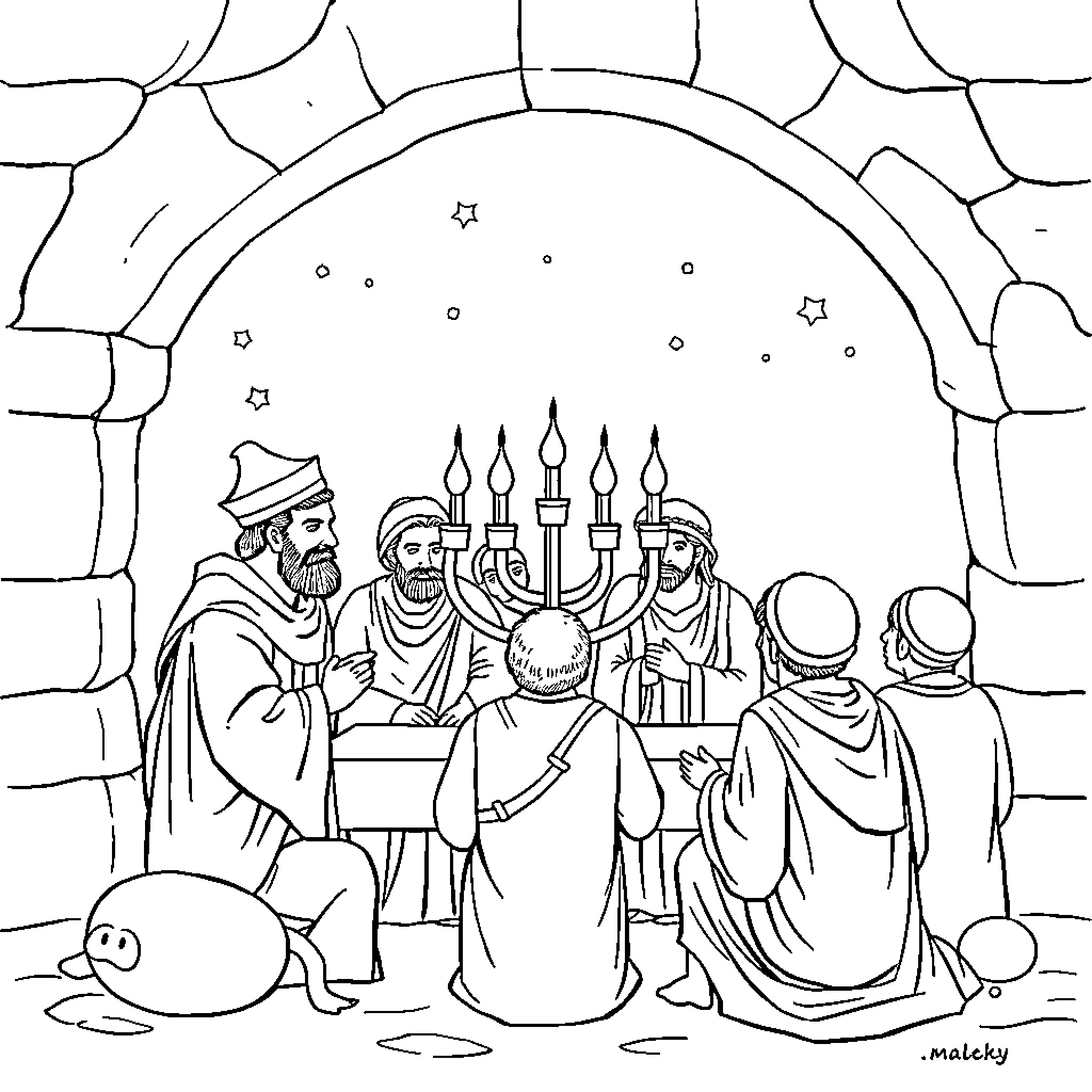 Chanukah Celebration with Menorah and Community Coloring Page (free black-and-white line drawing printable PDF for all, from beginners to advanced learners, including children, teens, adults, and seniors)