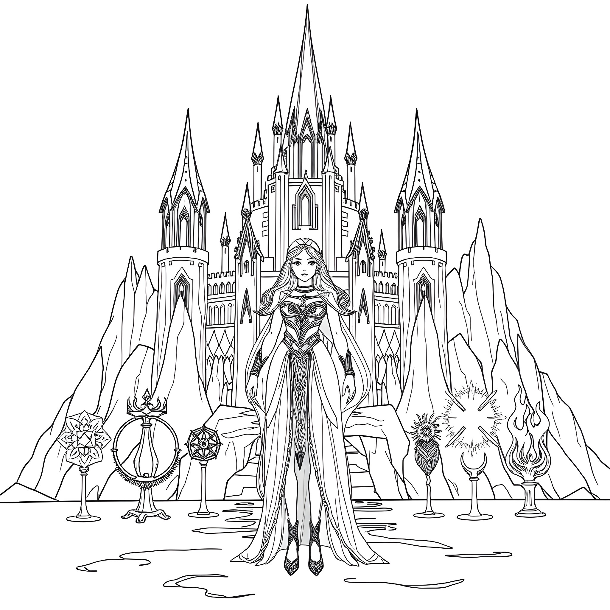 Elza's Fantasy Castle and Magic Realm Coloring Page (free black-and-white line drawing printable PDF for all, from beginners to advanced learners, including children, teens, adults, and seniors)