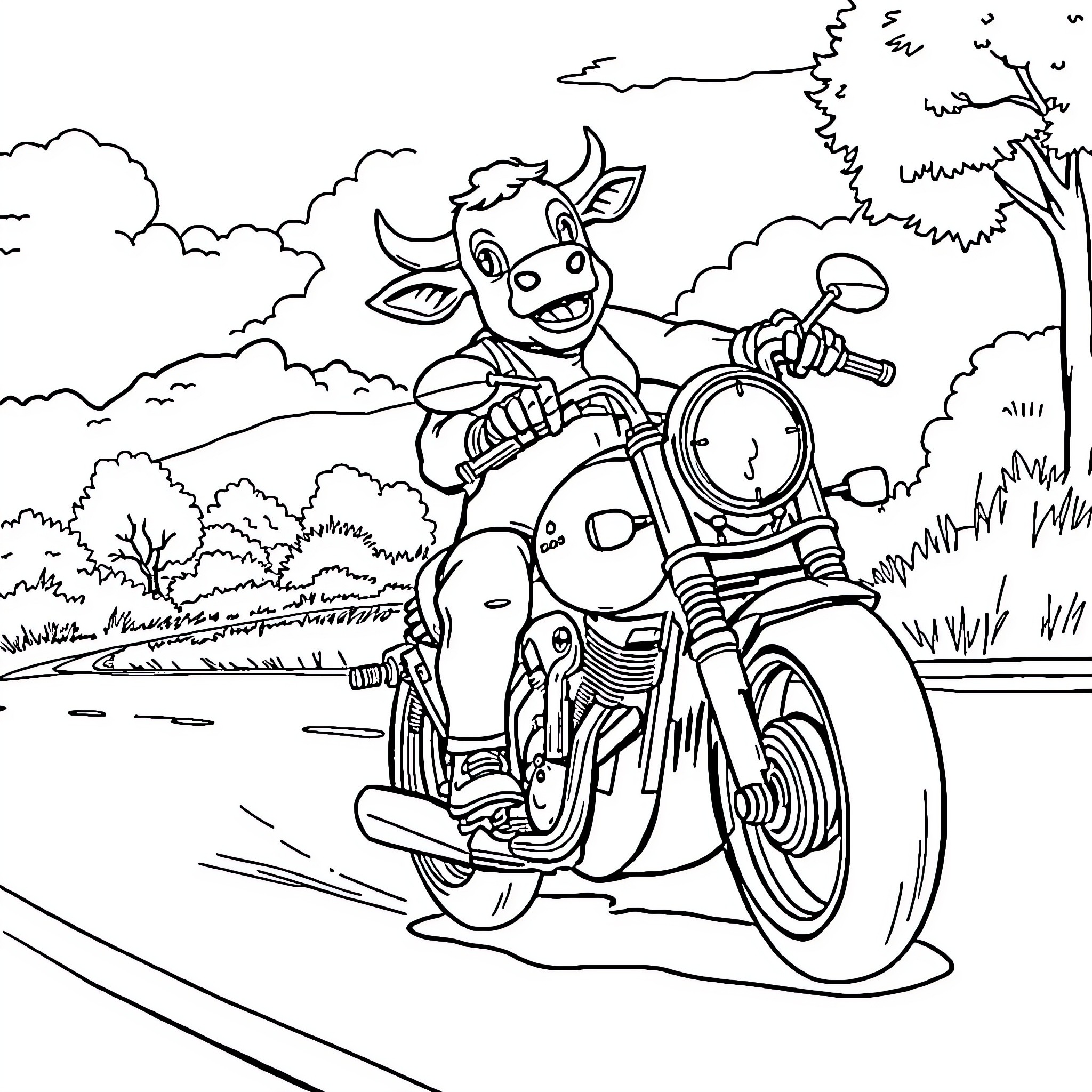 Cow riding motorcycle through countryside landscape Coloring Page (free black-and-white line drawing printable PDF for all, from beginners to advanced learners, including children, teens, adults, and seniors)
