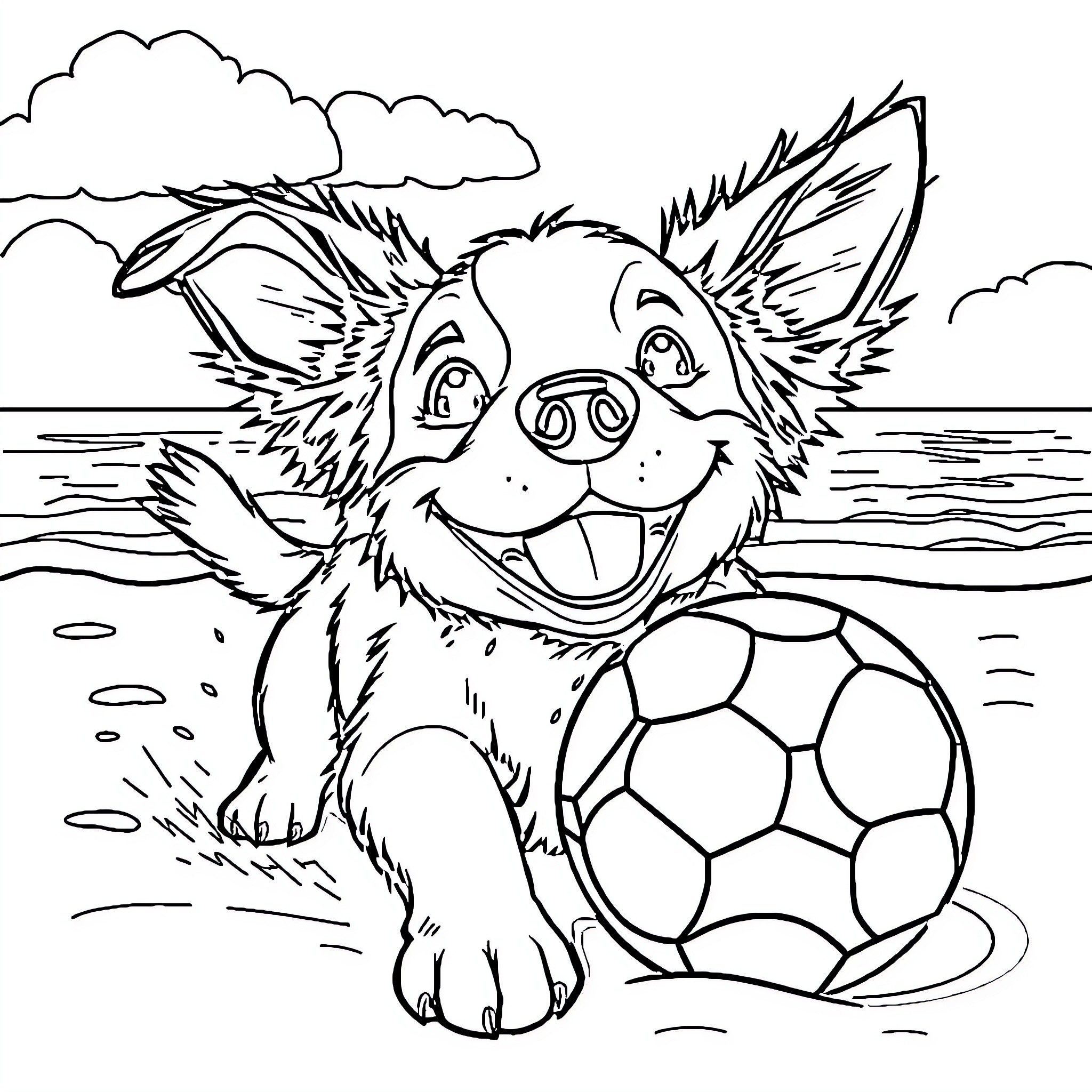 Dog happily playing with soccer ball on beach Coloring Page (free black-and-white line drawing printable PDF for all, from beginners to advanced learners, including children, teens, adults, and seniors)