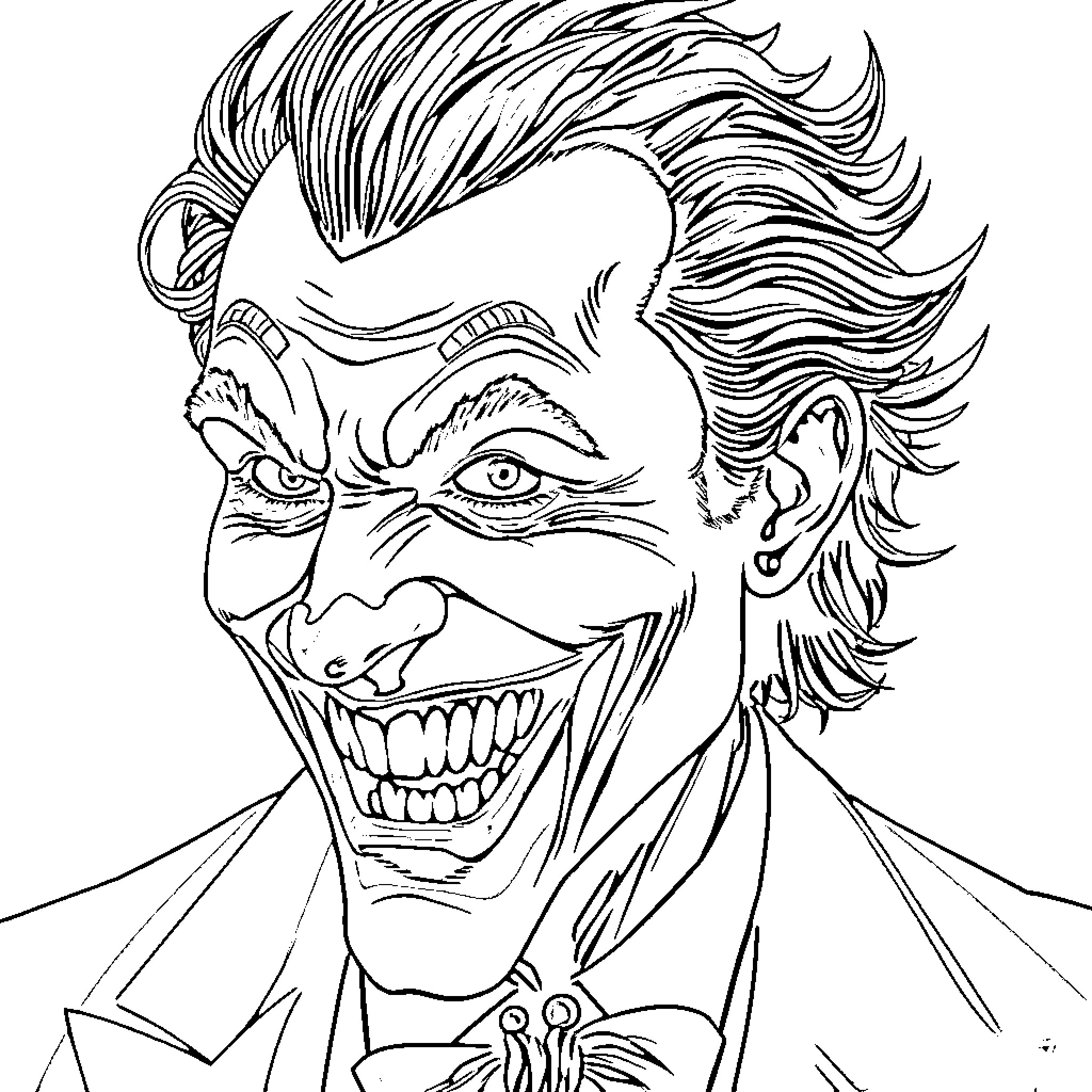 Joker's Menacing Grin and Sinister Expression Coloring Page (free black-and-white line drawing printable PDF for all, from beginners to advanced learners, including children, teens, adults, and seniors)