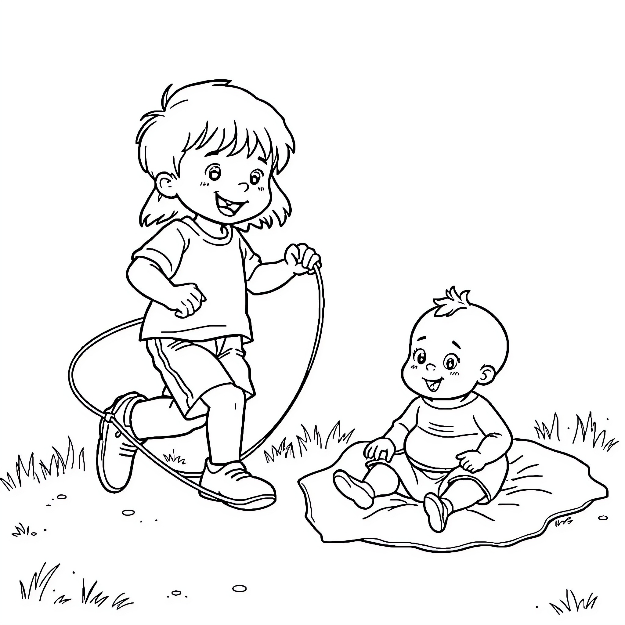 Boy playing with baby on grassy field Coloring Page (free black-and-white line drawing printable PDF for all, from beginners to advanced learners, including children, teens, adults, and seniors)