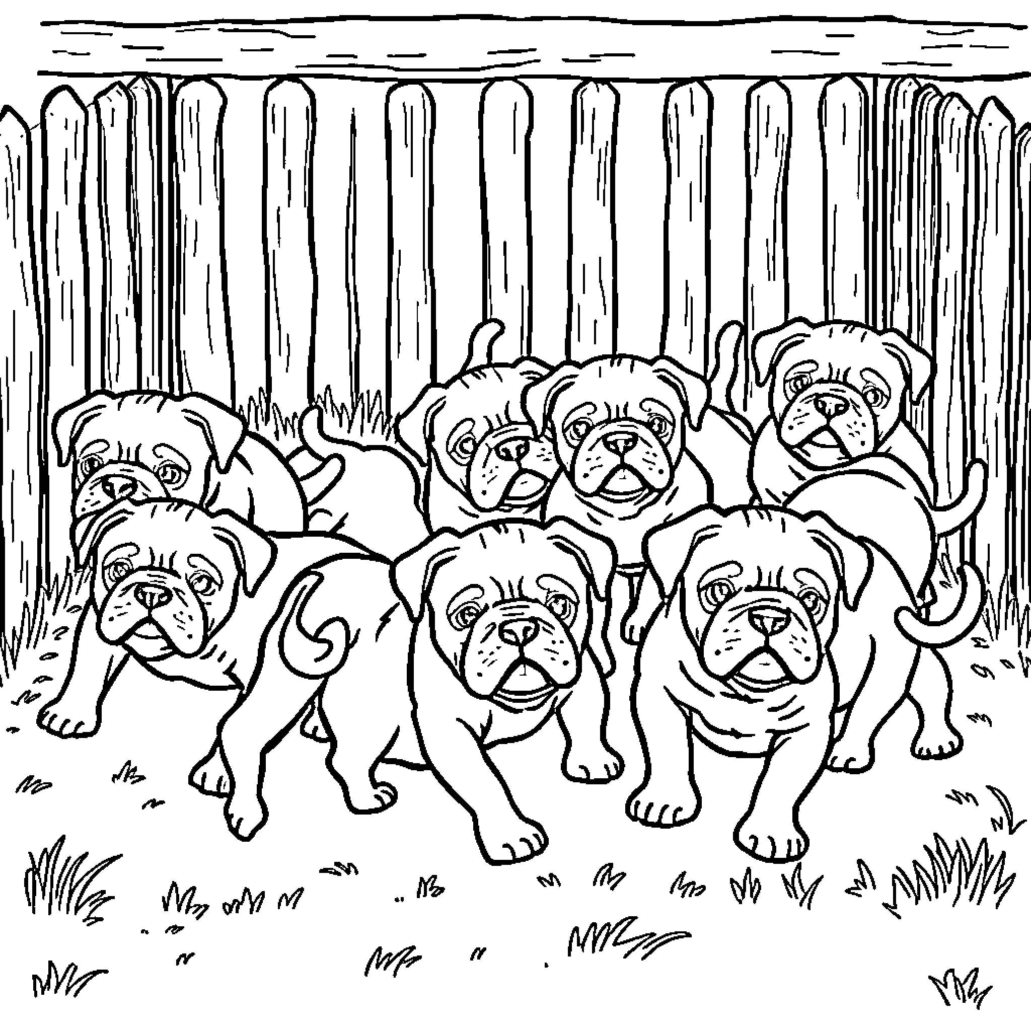 Bulldog puppies playing together in the park Coloring Page (free black-and-white line drawing printable PDF for all, from beginners to advanced learners, including children, teens, adults, and seniors)