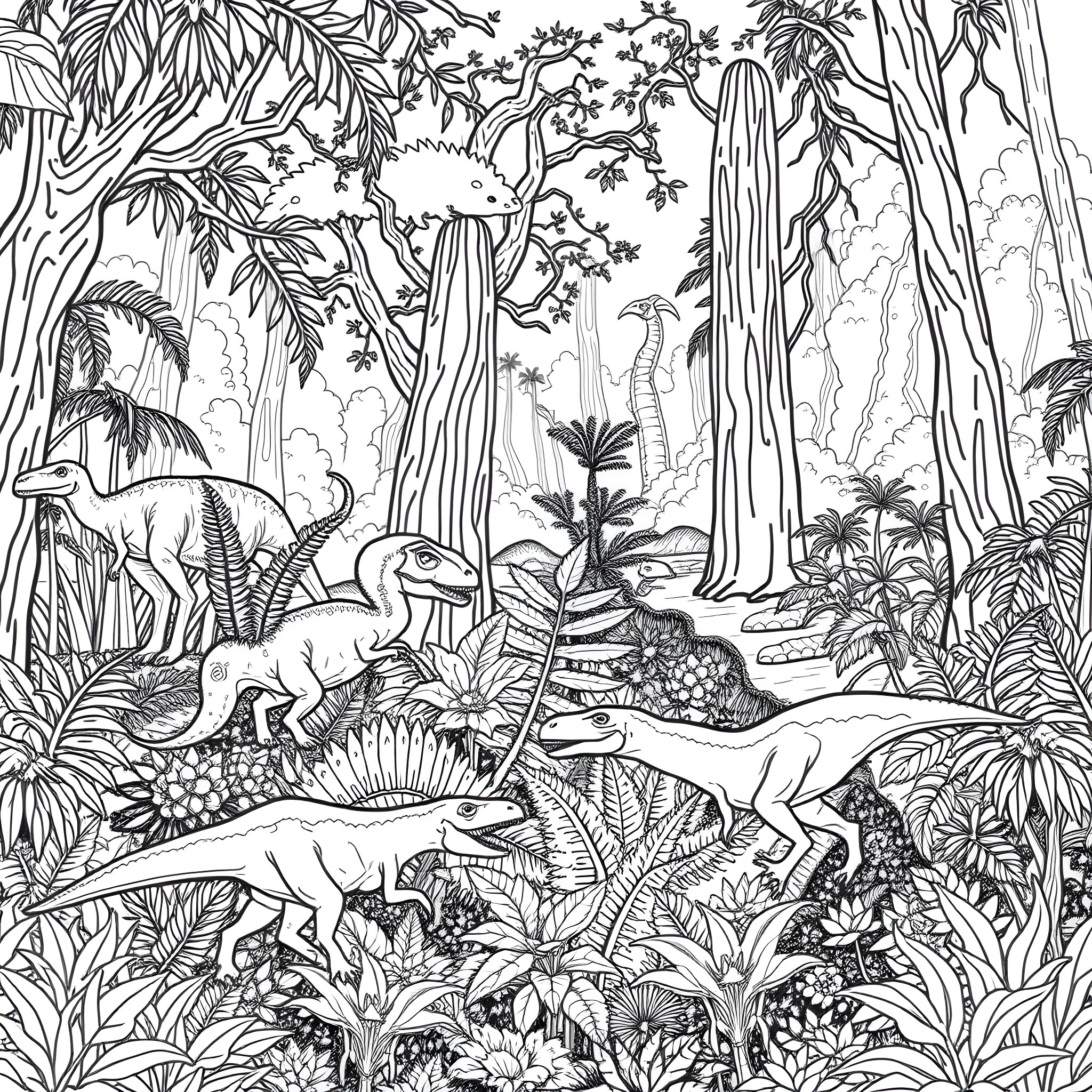 Dinosaurs Roaming in Lush Prehistoric Landscape Coloring Page (free black-and-white line drawing printable PDF for all, from beginners to advanced learners, including children, teens, adults, and seniors)