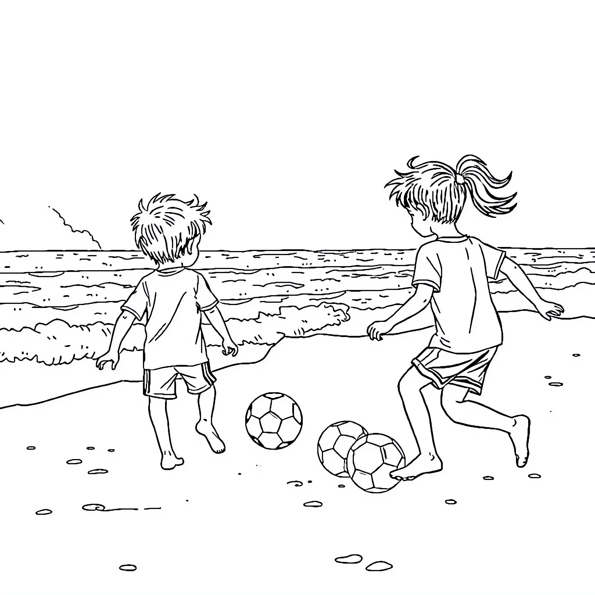 Soccer friends playing on the beach Coloring Page (free black-and-white line drawing printable PDF for all, from beginners to advanced learners, including children, teens, adults, and seniors)