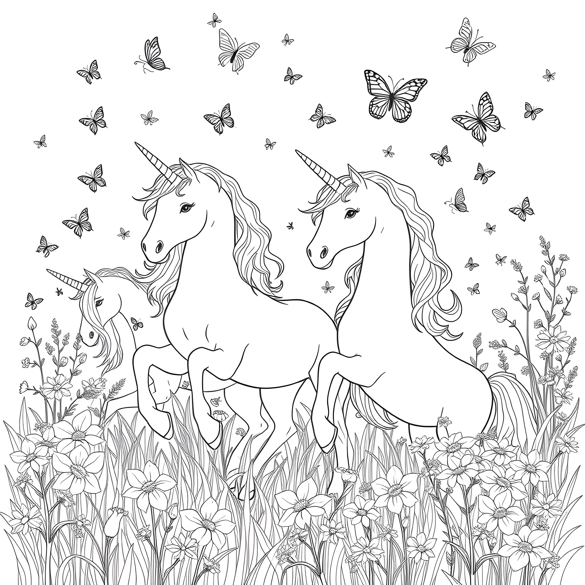 Unicorn Fairytale with Fluttering Butterflies Coloring Page (free black-and-white line drawing printable PDF for all, from beginners to advanced learners, including children, teens, adults, and seniors)