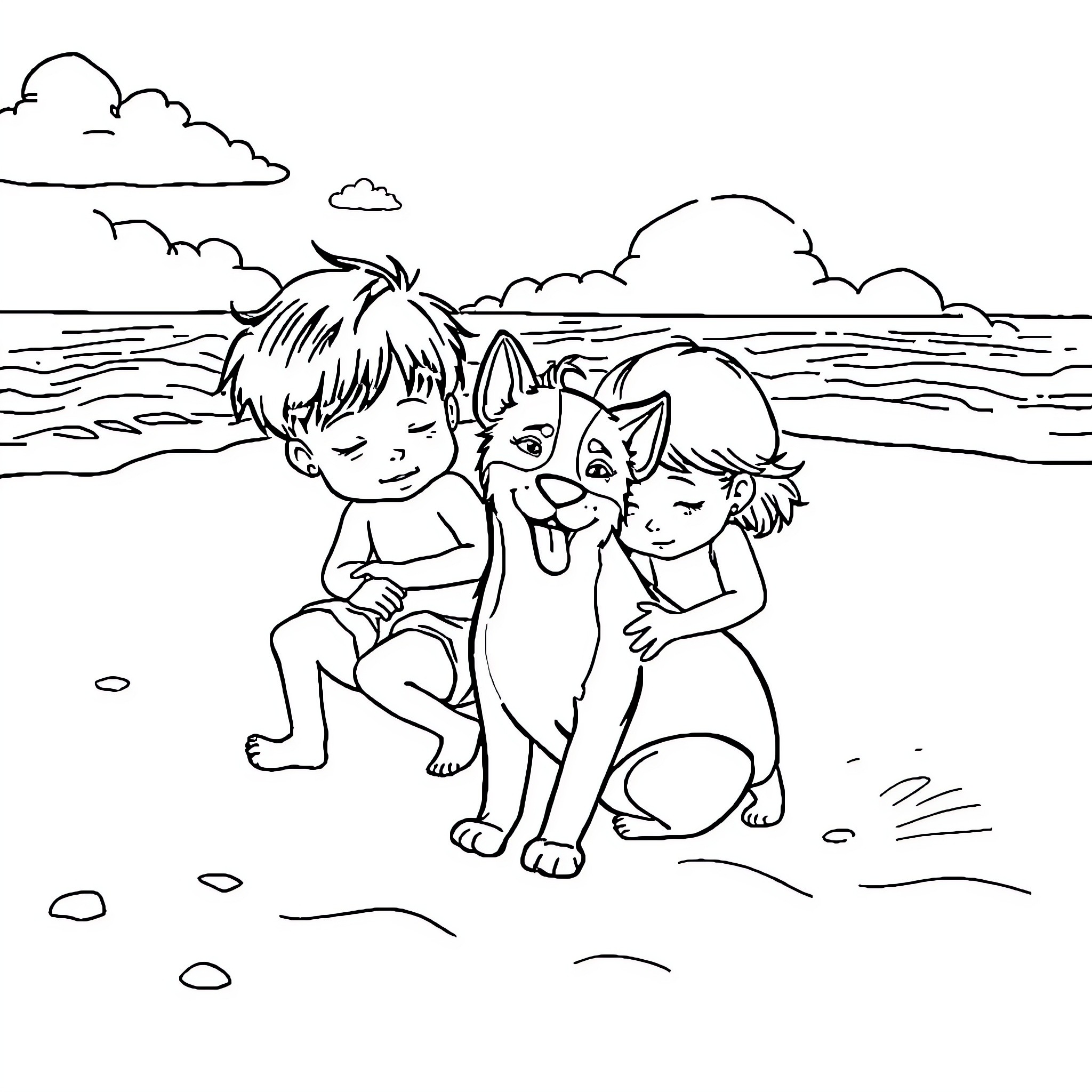 Niño playing by the shore with pet Coloring Page (free black-and-white line drawing printable PDF for all, from beginners to advanced learners, including children, teens, adults, and seniors)