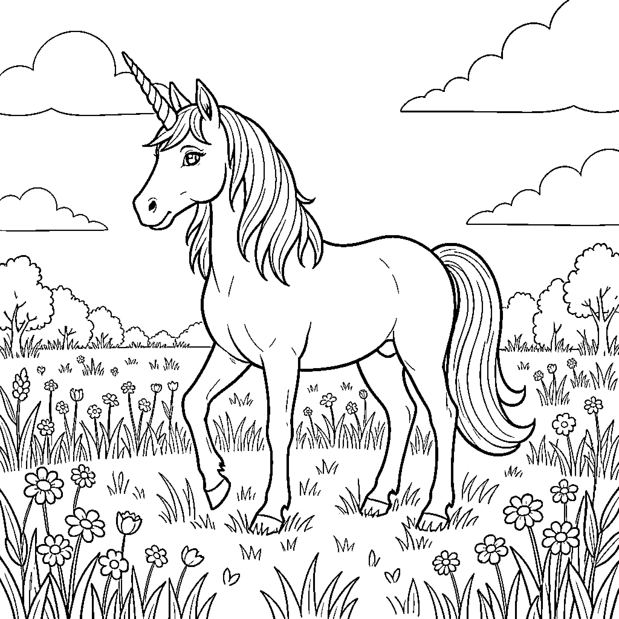 Unicorn standing peacefully in a flowery meadow Coloring Page (free black-and-white line drawing printable PDF for all, from beginners to advanced learners, including children, teens, adults, and seniors)