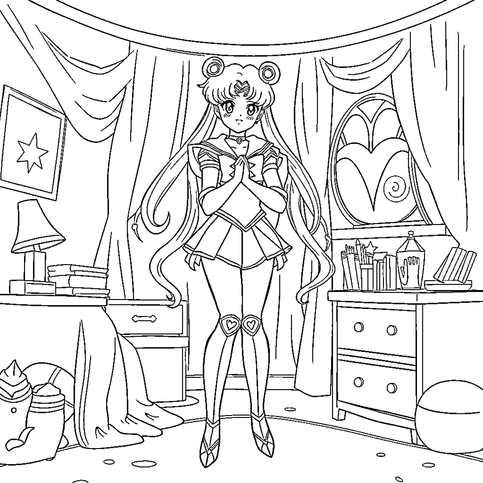Sailor Moon posing in her bedroom Coloring Page (free black-and-white line drawing printable PDF for all, from beginners to advanced learners, including children, teens, adults, and seniors)