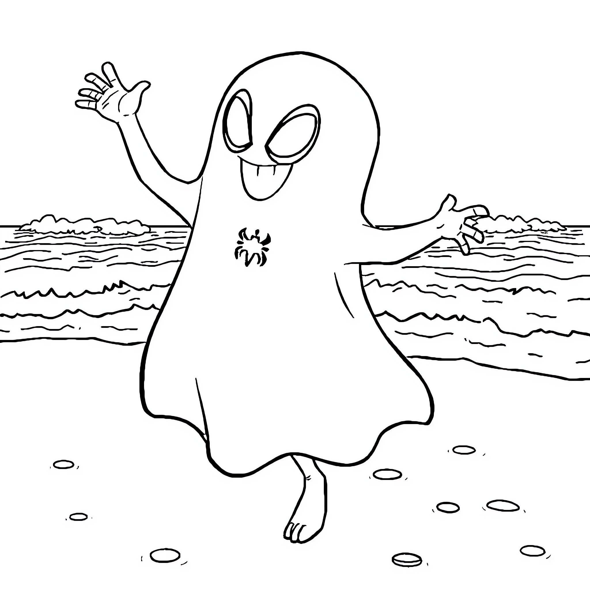 Ghost Spider having spooky fun at the beach Coloring Page (free black-and-white line drawing printable PDF for all, from beginners to advanced learners, including children, teens, adults, and seniors)
