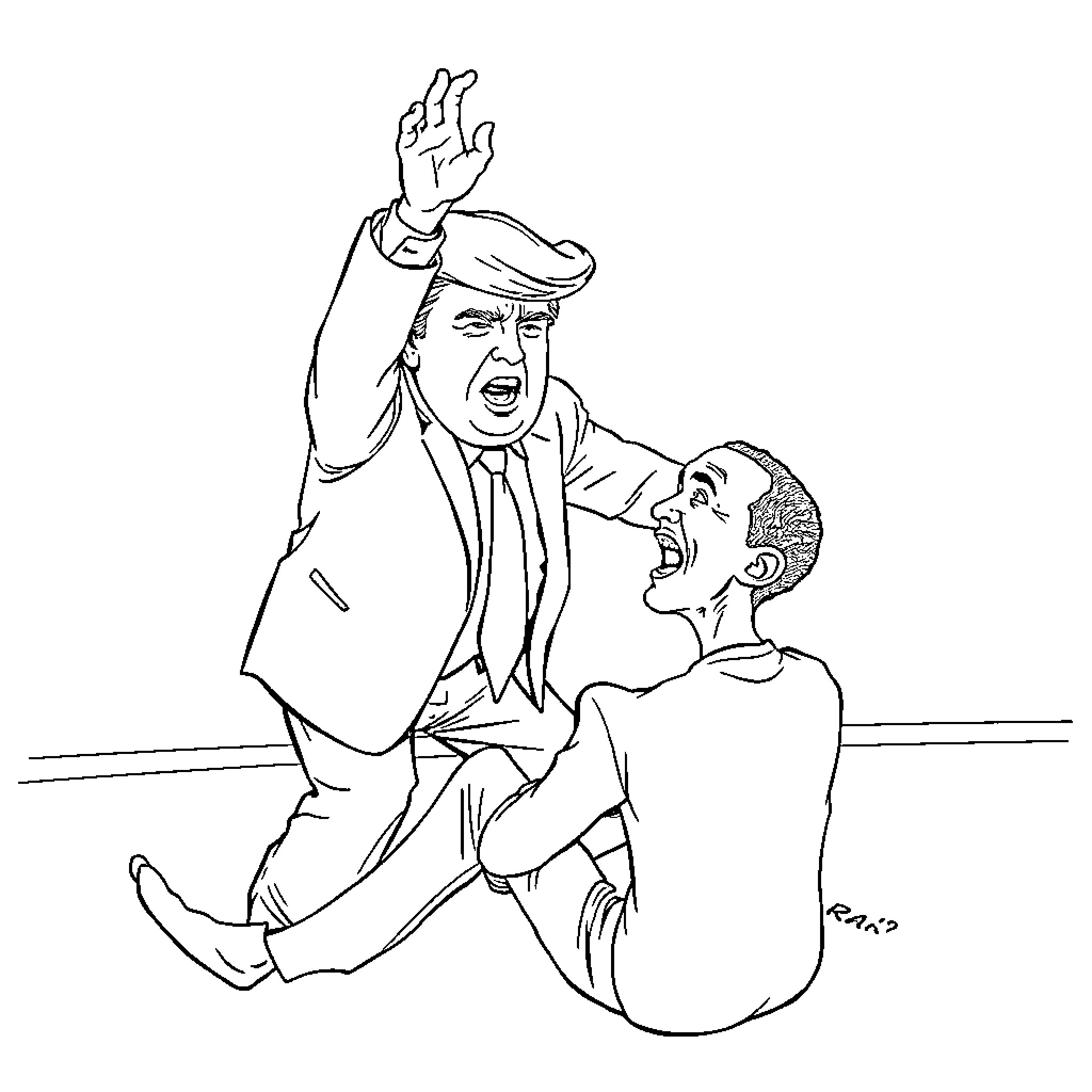 Donald Trump gesticulating angrily at a subordinate Coloring Page (free black-and-white line drawing printable PDF for all, from beginners to advanced learners, including children, teens, adults, and seniors)