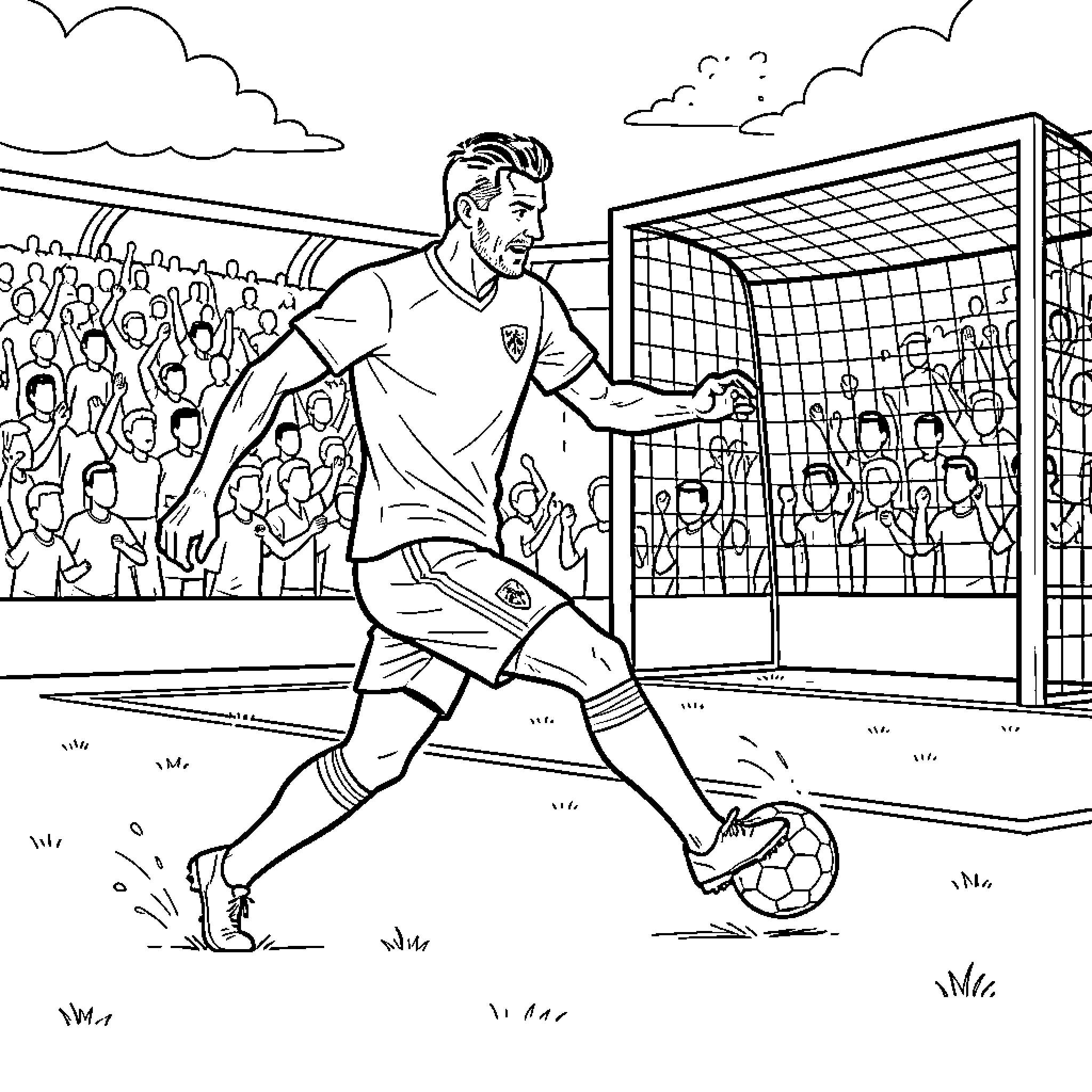 David Beckham kicking a soccer ball in a stadium Coloring Page (free black-and-white line drawing printable PDF for all, from beginners to advanced learners, including children, teens, adults, and seniors)