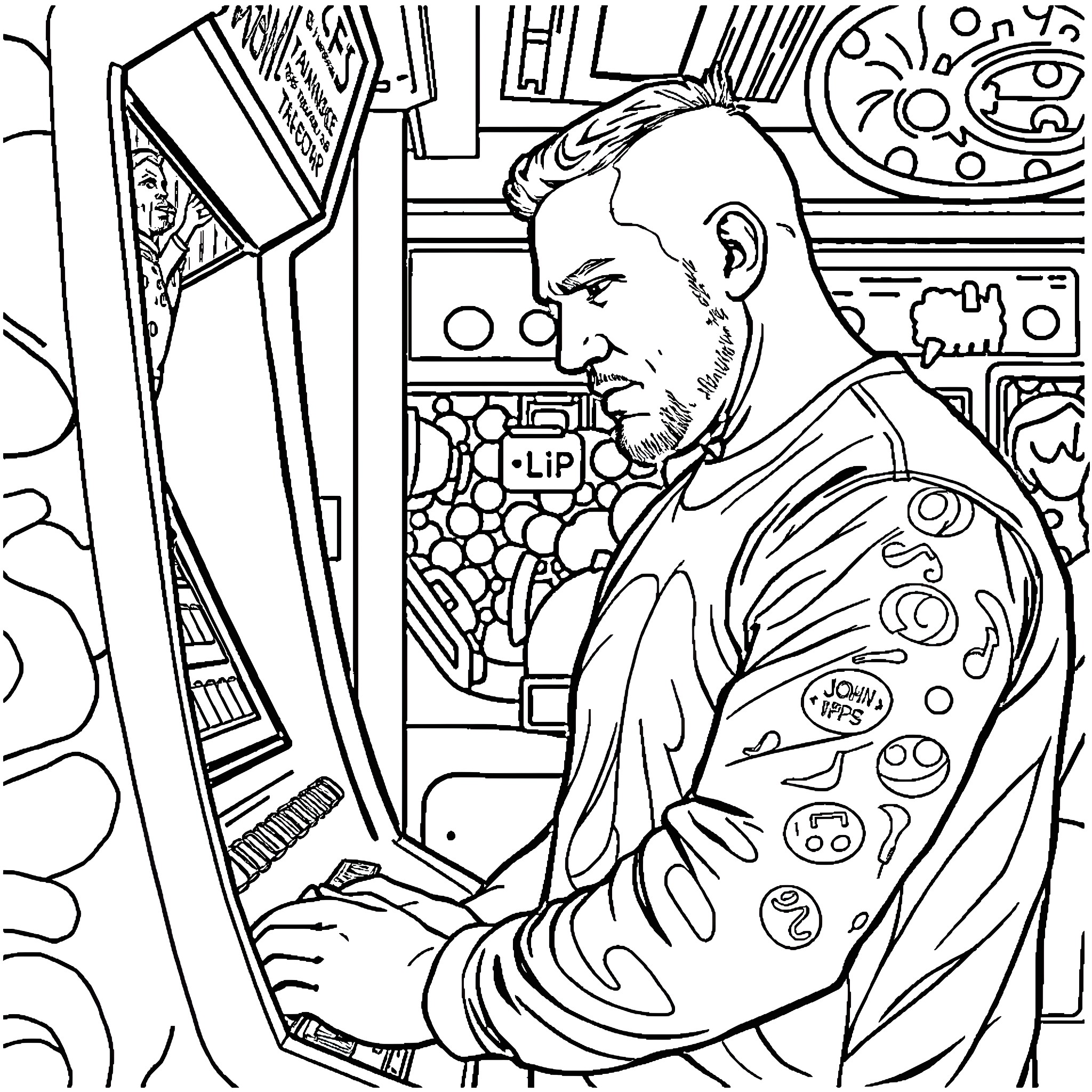 John Cena Interacting with Arcade Machines in a Retro Gaming Environment Coloring Page (free black-and-white line drawing printable PDF for all, from beginners to advanced learners, including children, teens, adults, and seniors)
