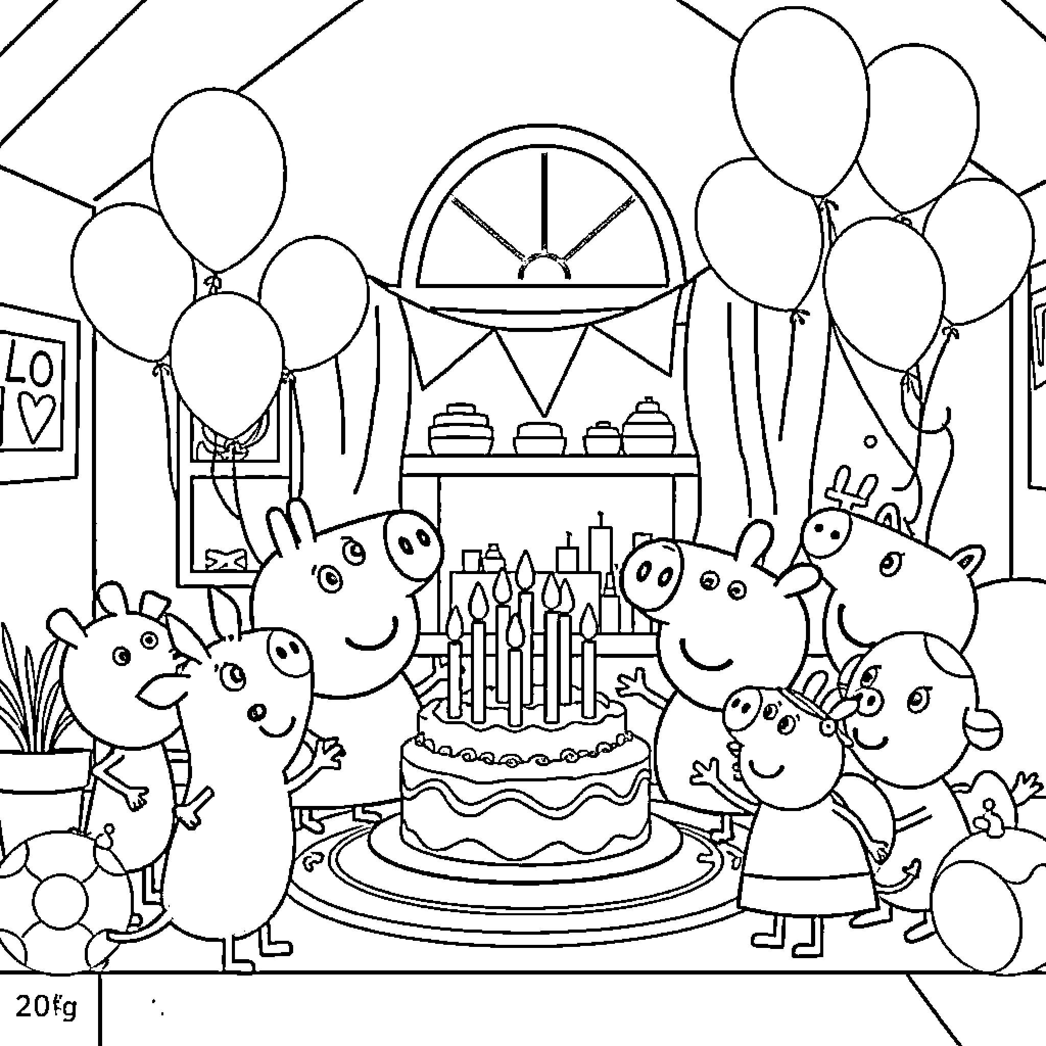 George Pig's birthday party with friends Coloring Page (free black-and-white line drawing printable PDF for all, from beginners to advanced learners, including children, teens, adults, and seniors)