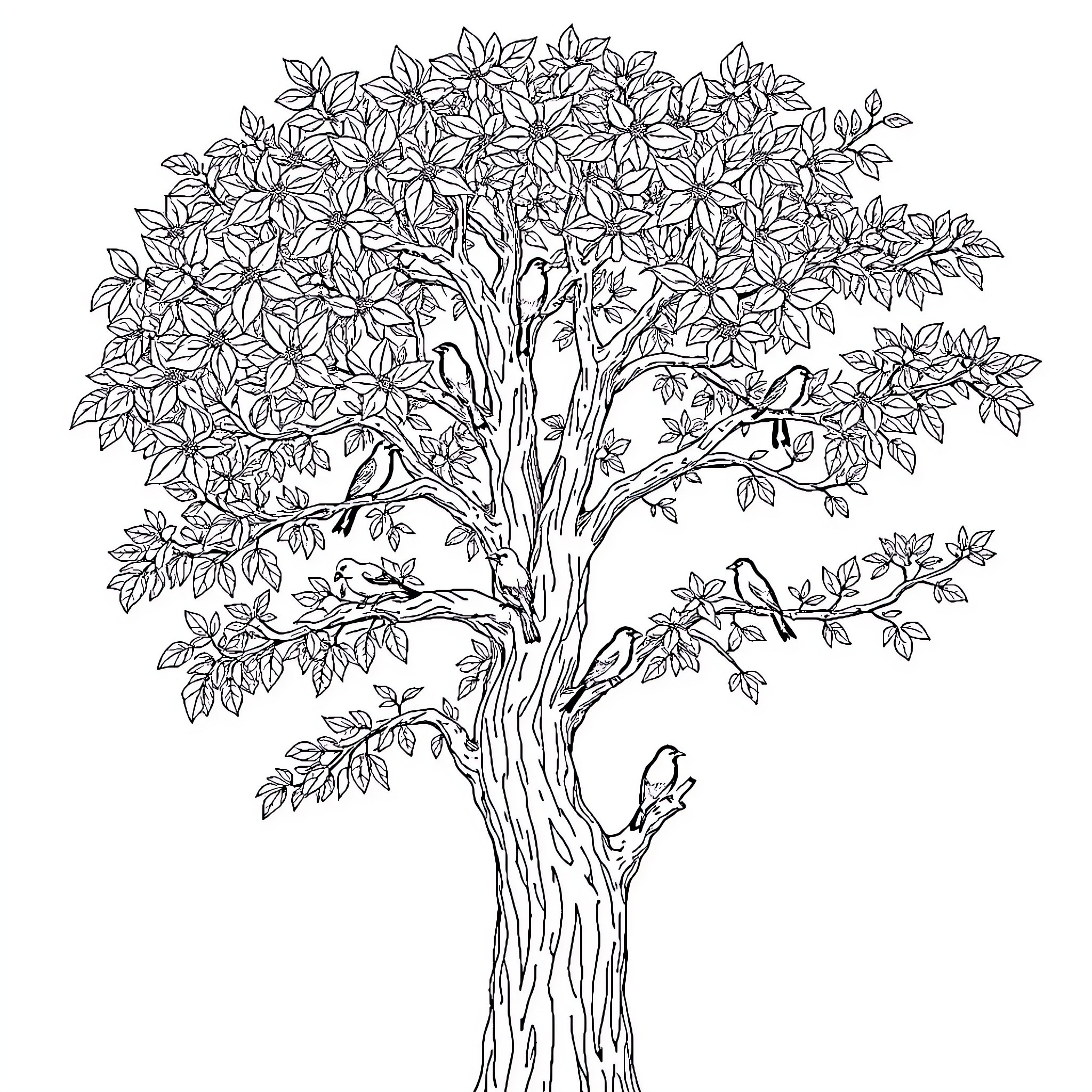 Tree with flourishing foliage and birds Coloring Page (free black-and-white line drawing printable PDF for all, from beginners to advanced learners, including children, teens, adults, and seniors)
