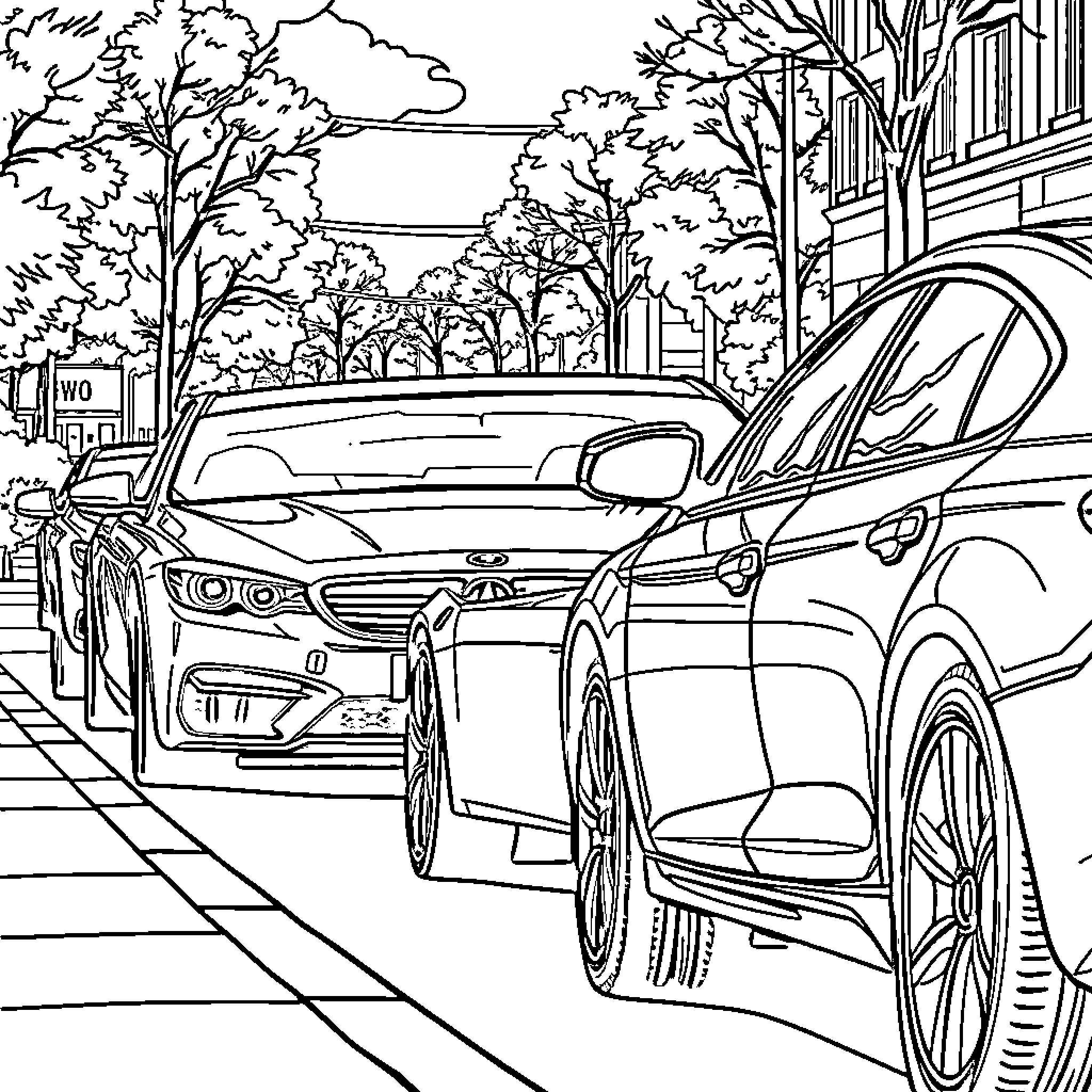 Cars Parked on Urban Street with Leafy Trees Coloring Page (free black-and-white line drawing printable PDF for all, from beginners to advanced learners, including children, teens, adults, and seniors)