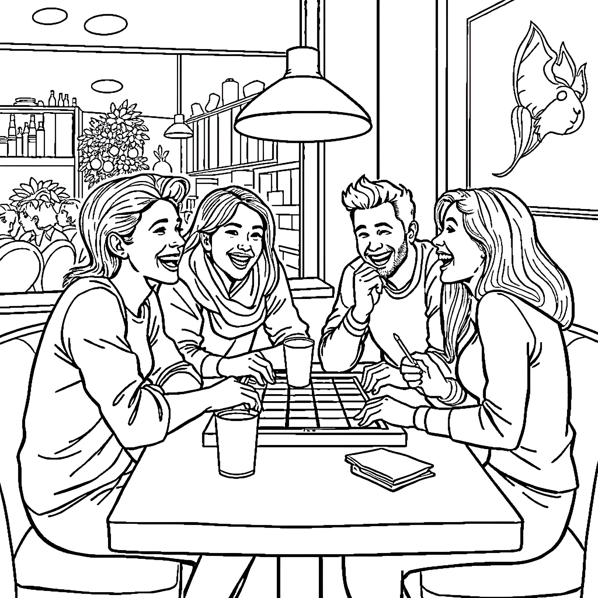 Person enjoying casual conversation with friends in a cafe Coloring Page (free black-and-white line drawing printable PDF for all, from beginners to advanced learners, including children, teens, adults, and seniors)