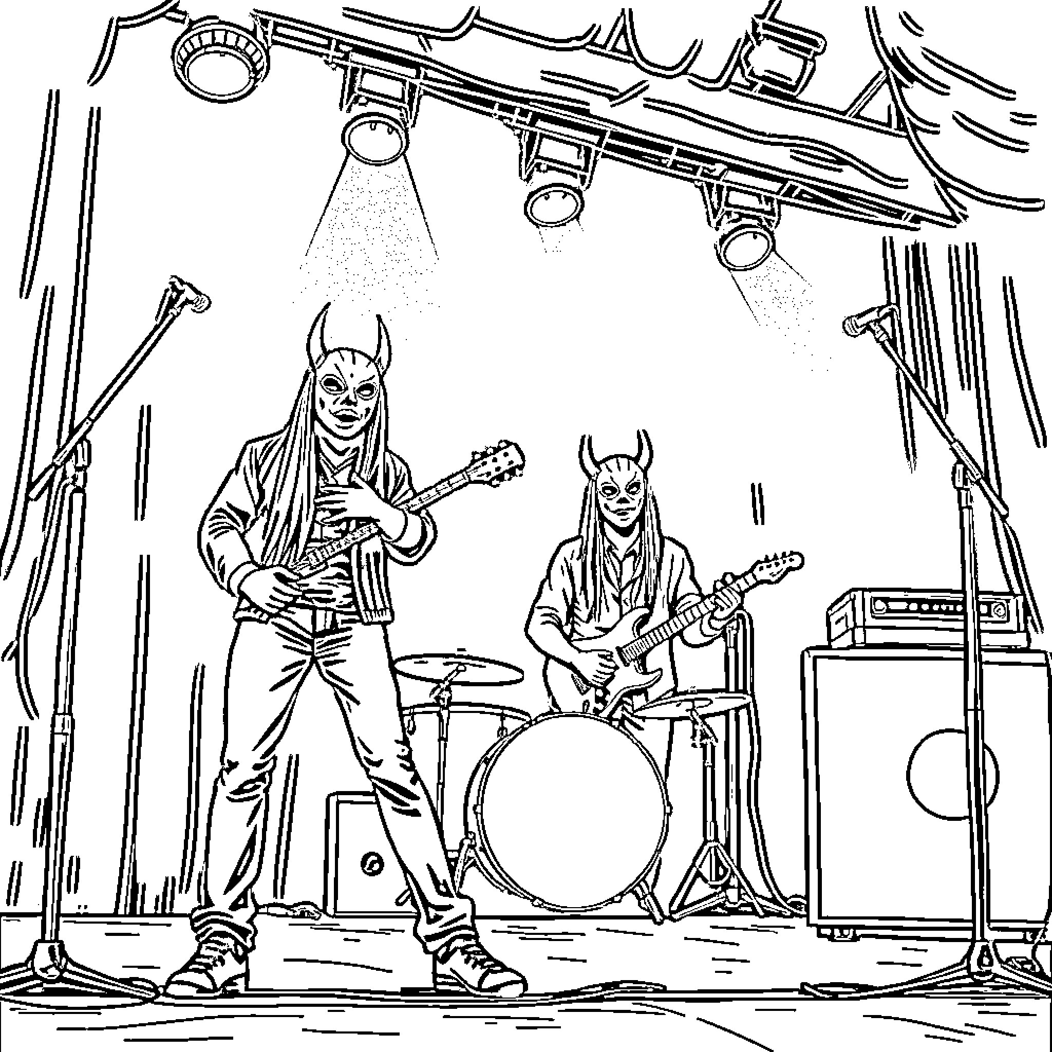 Sleep Token - Musicians performing on stage Coloring Page (free black-and-white line drawing printable PDF for all, from beginners to advanced learners, including children, teens, adults, and seniors)