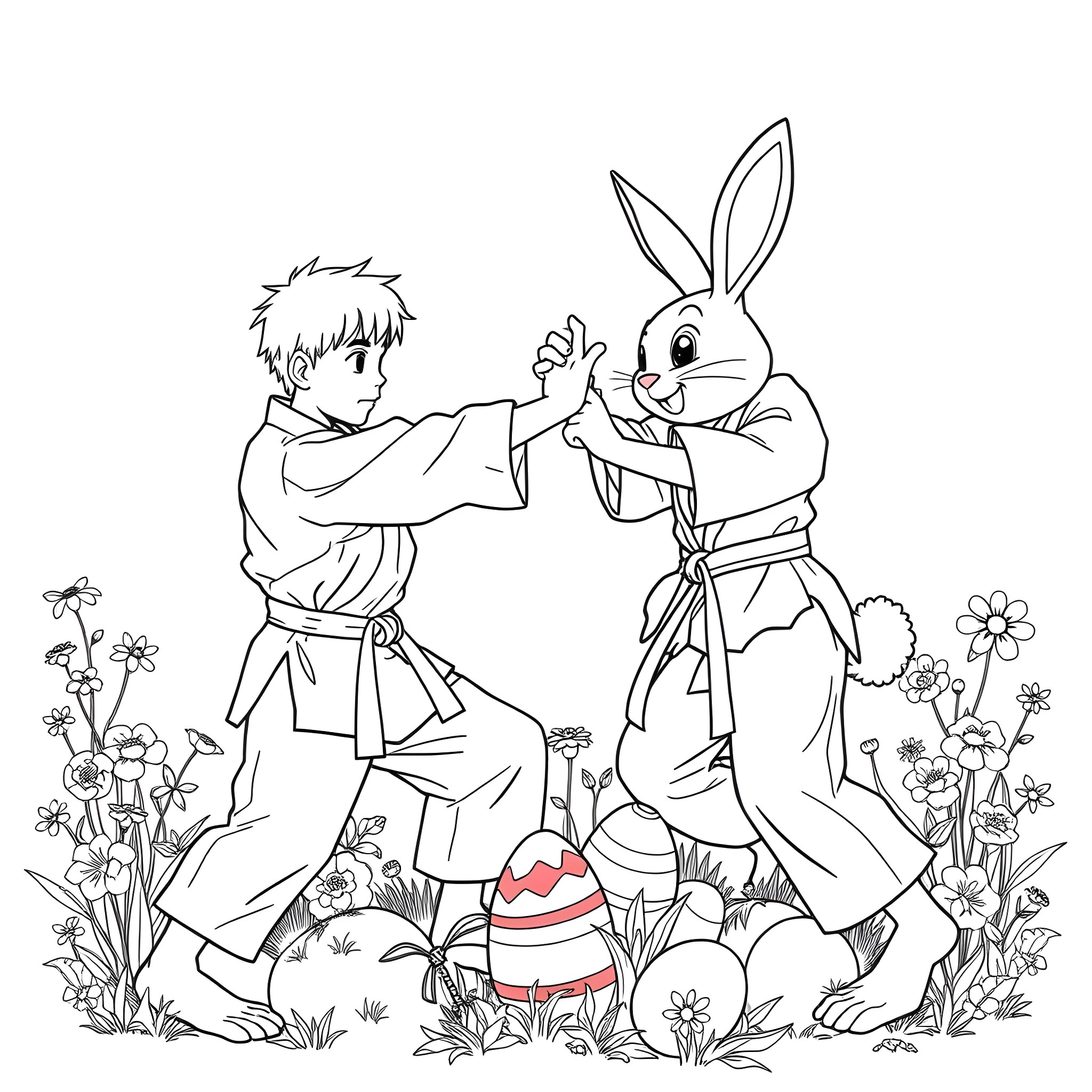Karate Student Practices Technique with Rabbit Warrior Coloring Page (free black-and-white line drawing printable PDF for all, from beginners to advanced learners, including children, teens, adults, and seniors)