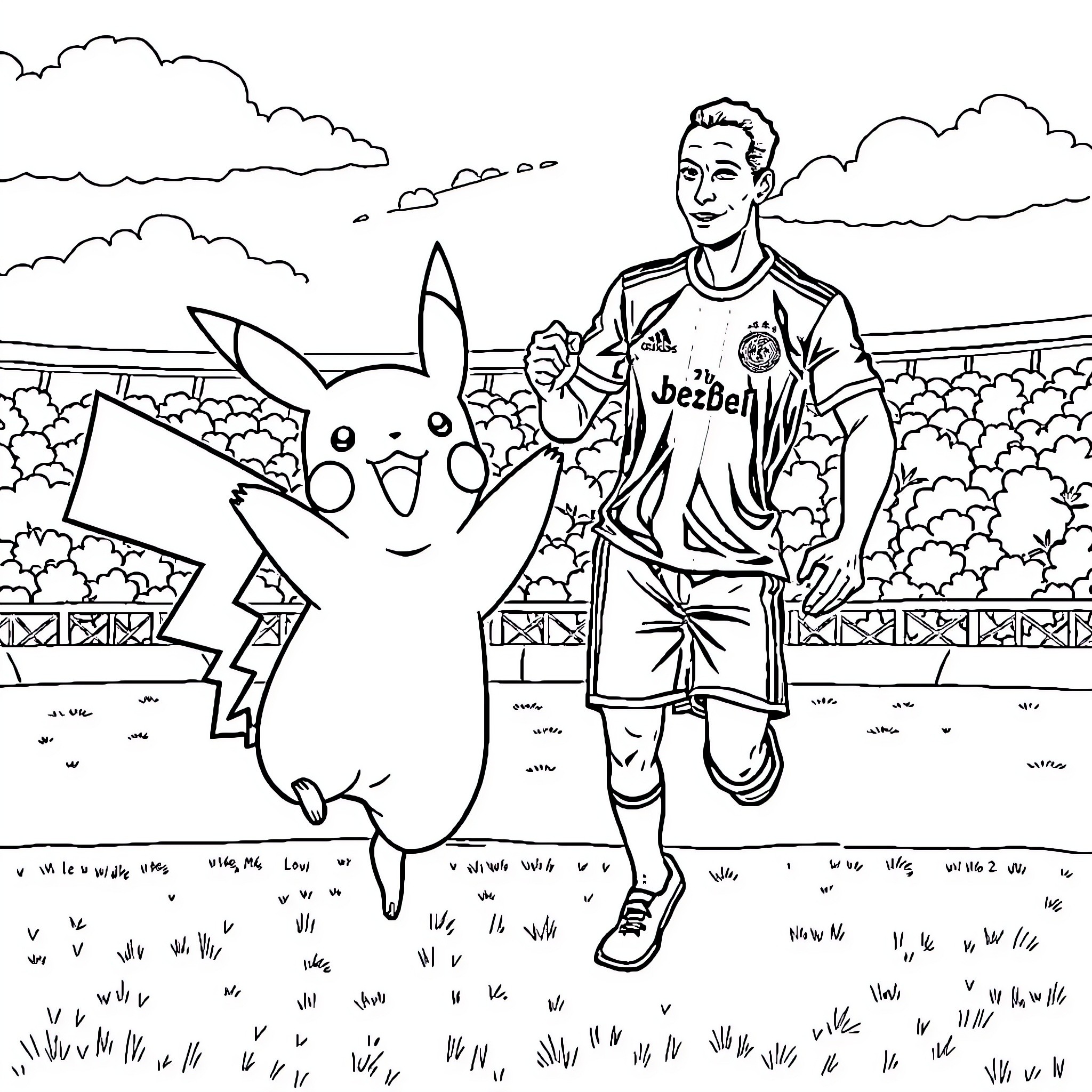 Pikachu and trainer playing on the field Coloring Page (free black-and-white line drawing printable PDF for all, from beginners to advanced learners, including children, teens, adults, and seniors)