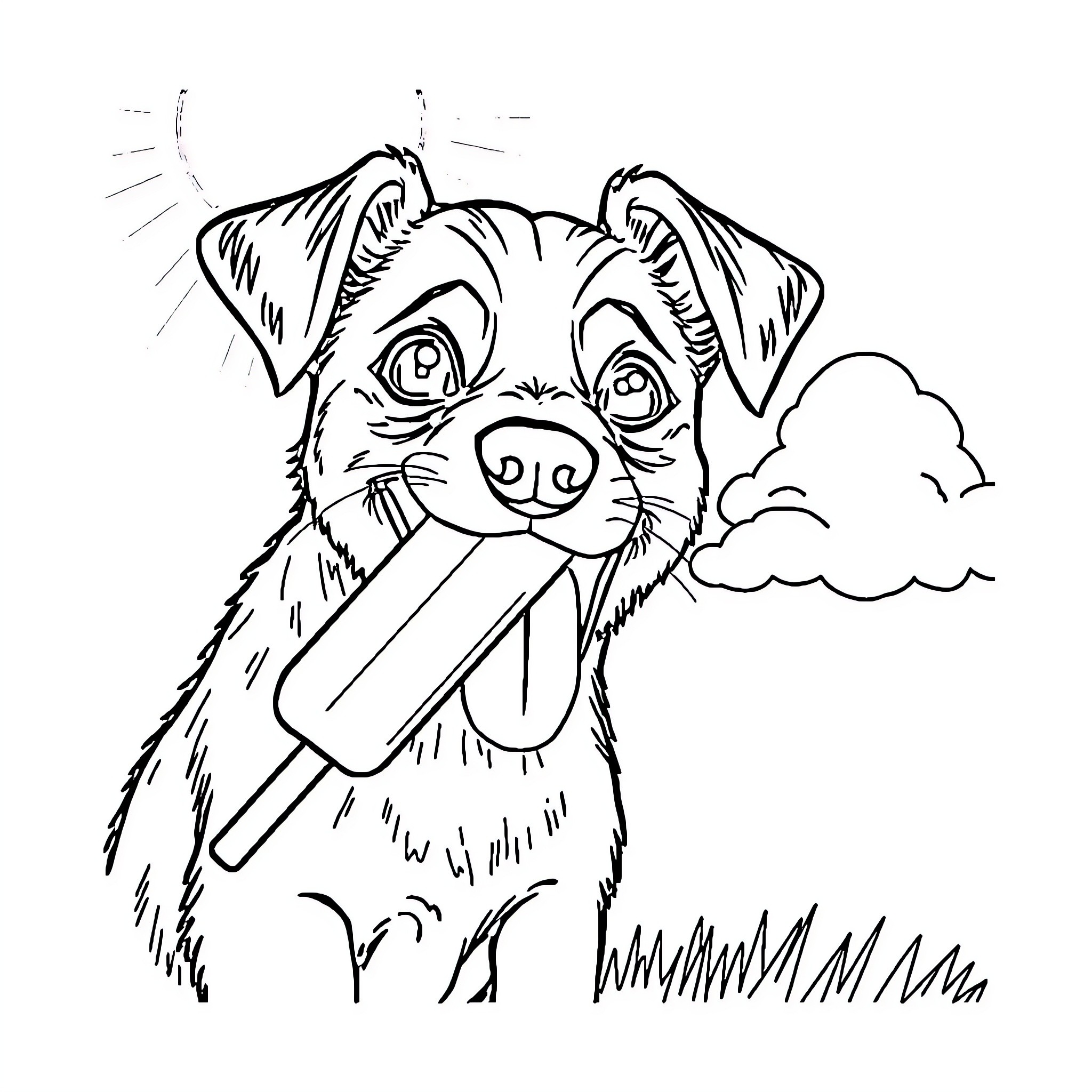 Dog sticking out tongue in playful manner Coloring Page (free black-and-white line drawing printable PDF for all, from beginners to advanced learners, including children, teens, adults, and seniors)