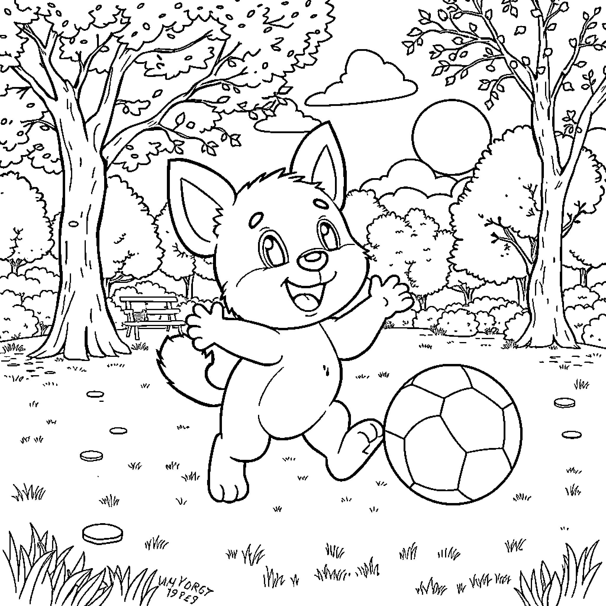 Evoli Enjoying a Playful Day Outdoors Coloring Page (free black-and-white line drawing printable PDF for all, from beginners to advanced learners, including children, teens, adults, and seniors)