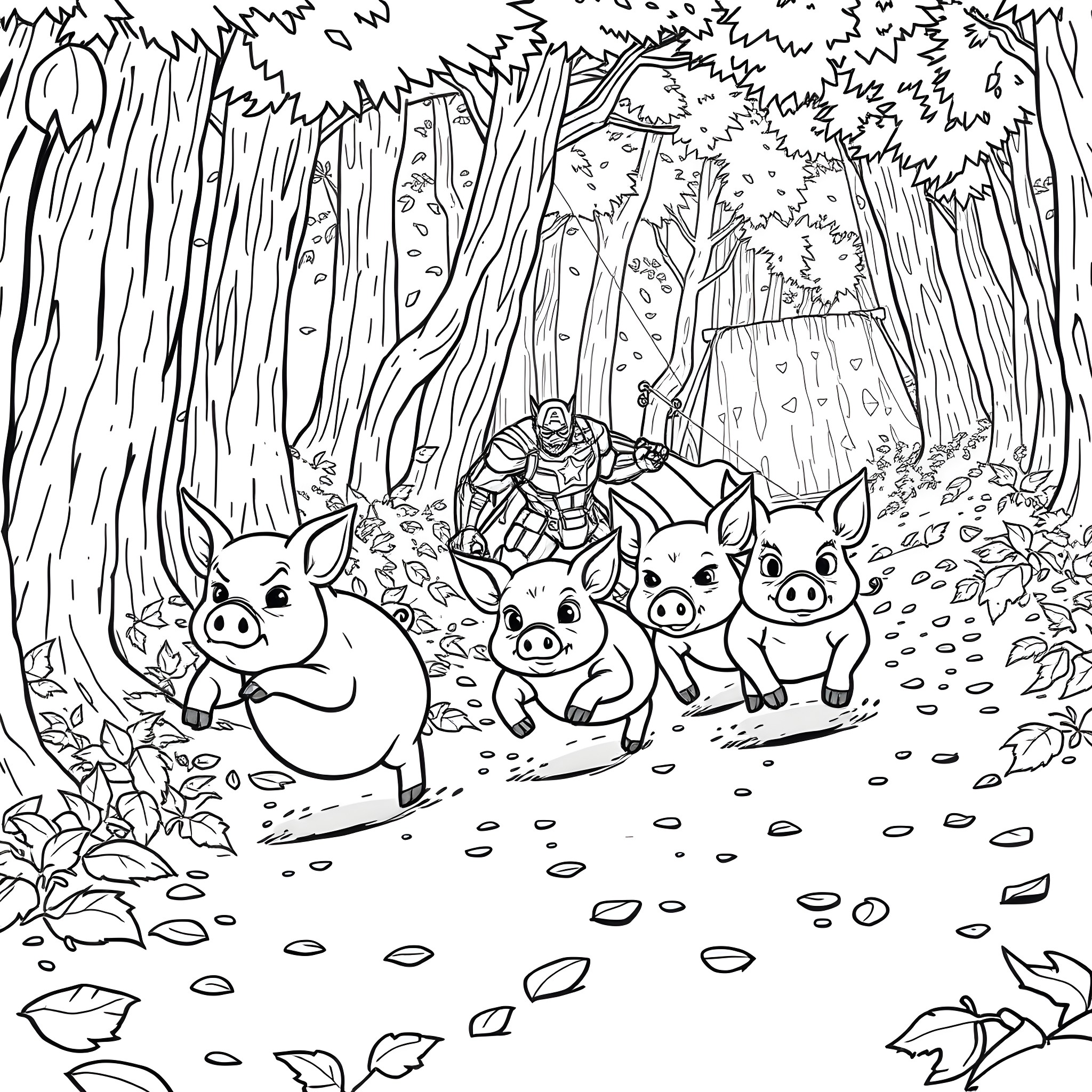 Pig Piglets Running Through Enchanted Forest Coloring Page (free black-and-white line drawing printable PDF for all, from beginners to advanced learners, including children, teens, adults, and seniors)