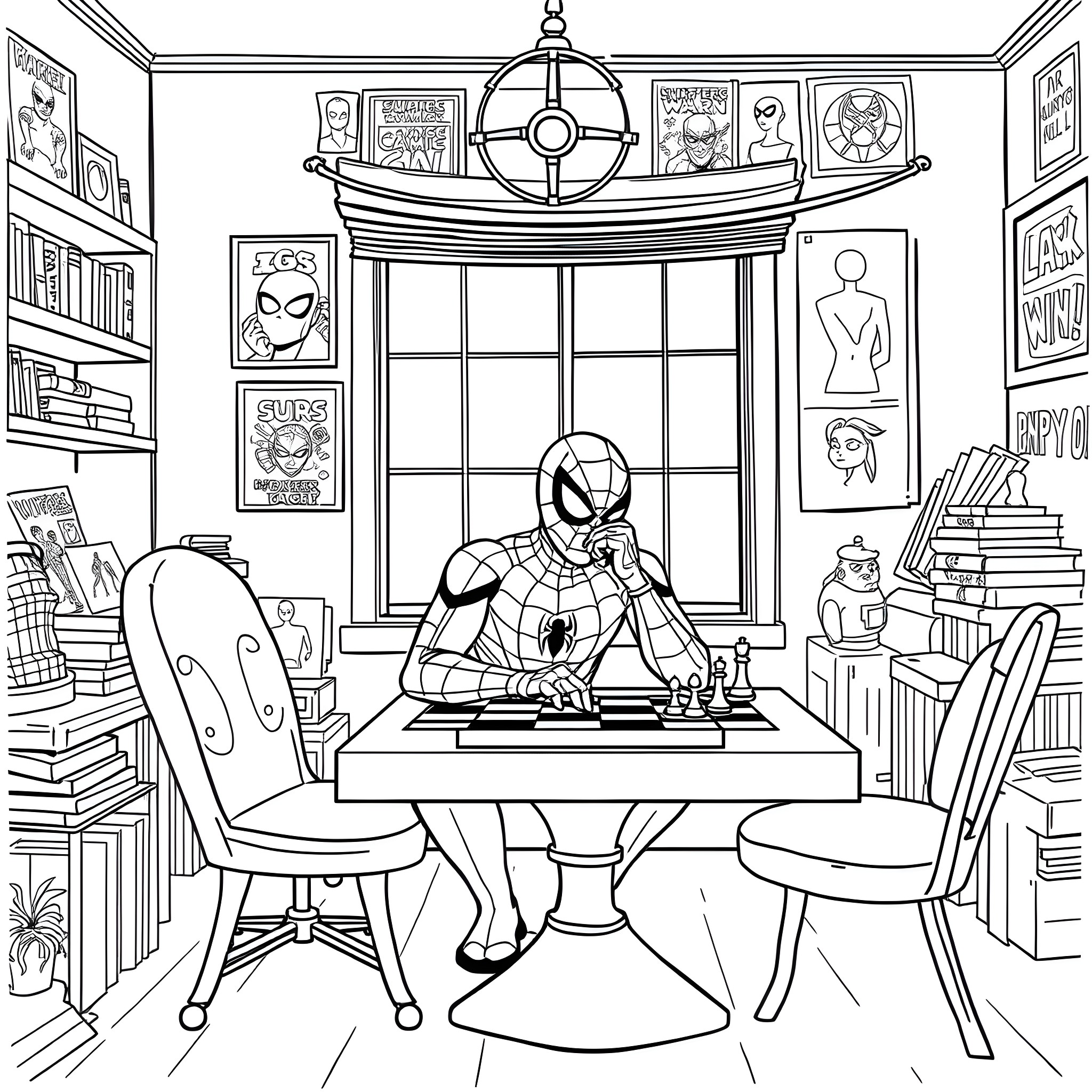 Spider-Man working diligently in his cozy study Coloring Page (free black-and-white line drawing printable PDF for all, from beginners to advanced learners, including children, teens, adults, and seniors)