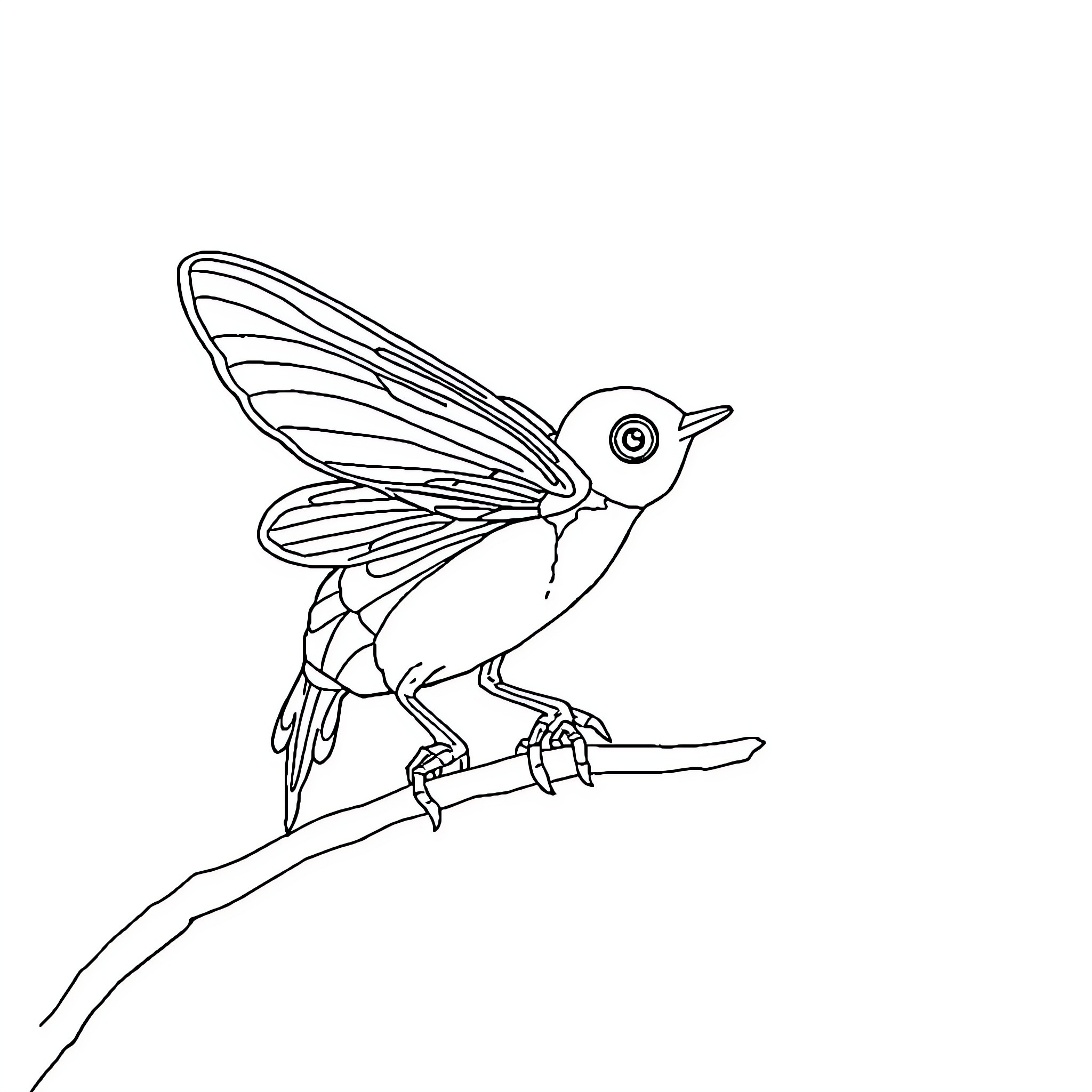 Petit bird perched on a branch Coloring Page (free black-and-white line drawing printable PDF for all, from beginners to advanced learners, including children, teens, adults, and seniors)