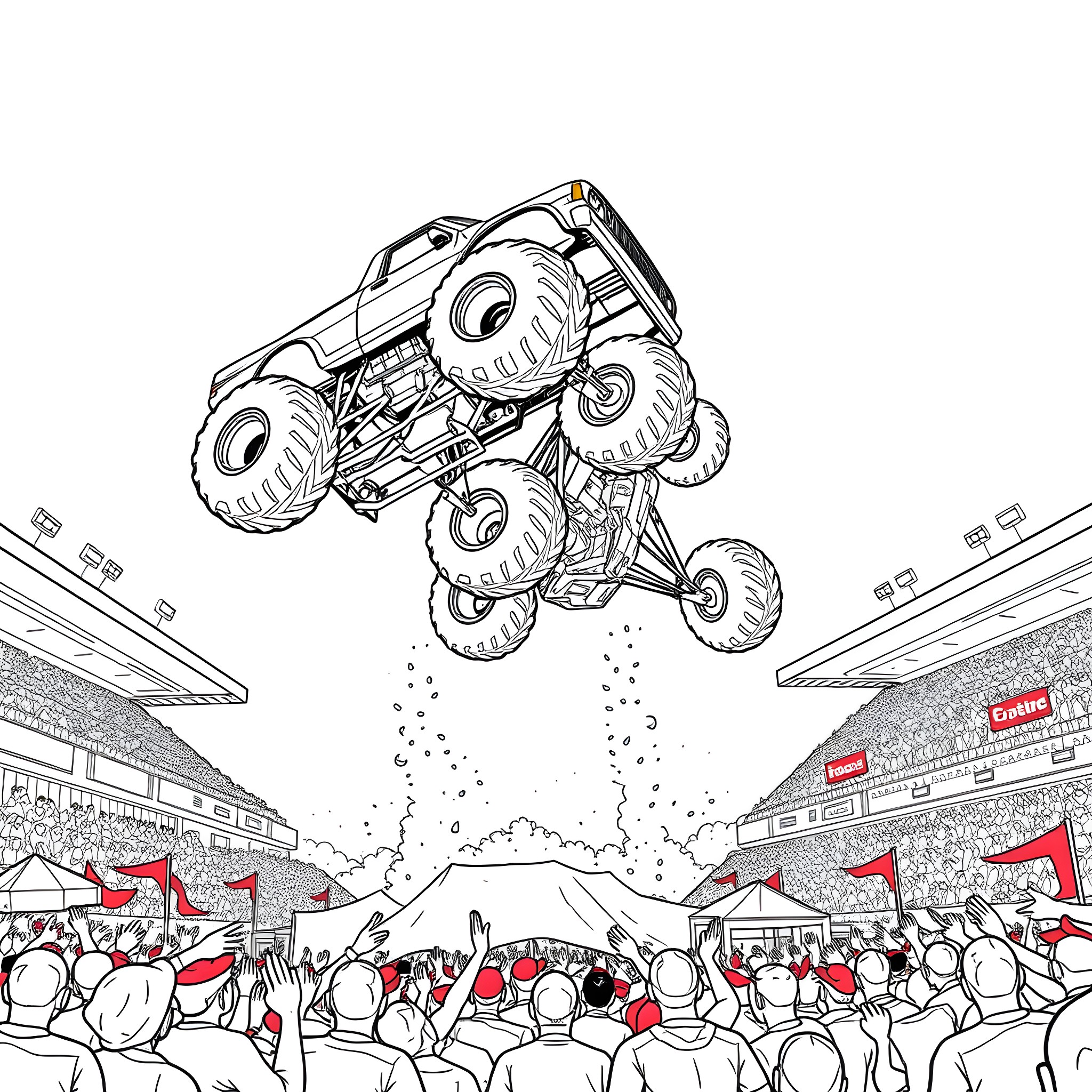 Monster Truck Performing Stunts in Front of Cheering Crowd Coloring Page (free black-and-white line drawing printable PDF for all, from beginners to advanced learners, including children, teens, adults, and seniors)