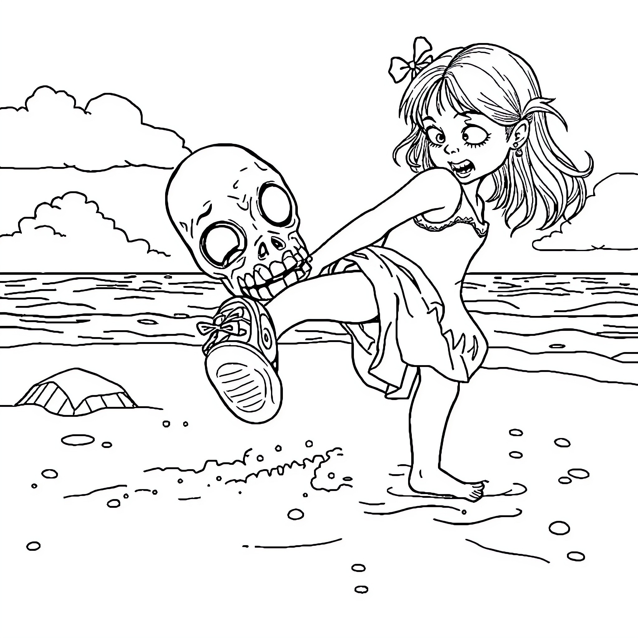 Zombie Girl Playing with Skeletal Companion on Beach Coloring Page (free black-and-white line drawing printable PDF for all, from beginners to advanced learners, including children, teens, adults, and seniors)