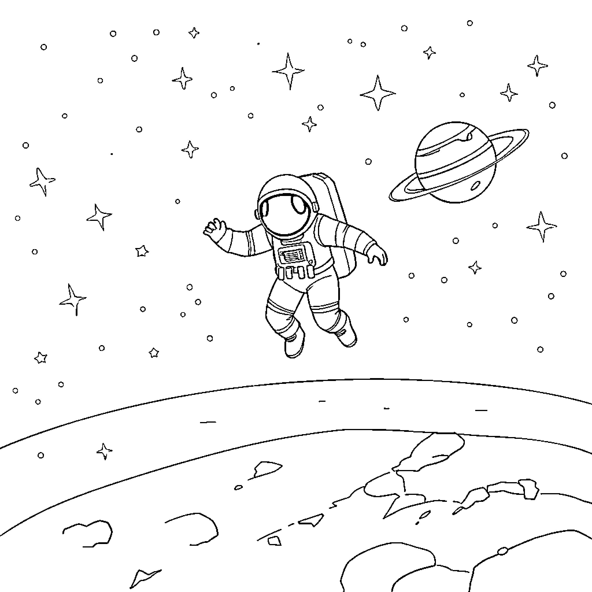 Astronaut floating in the space with planets Coloring Page (free black-and-white line drawing printable PDF for all, from beginners to advanced learners, including children, teens, adults, and seniors)