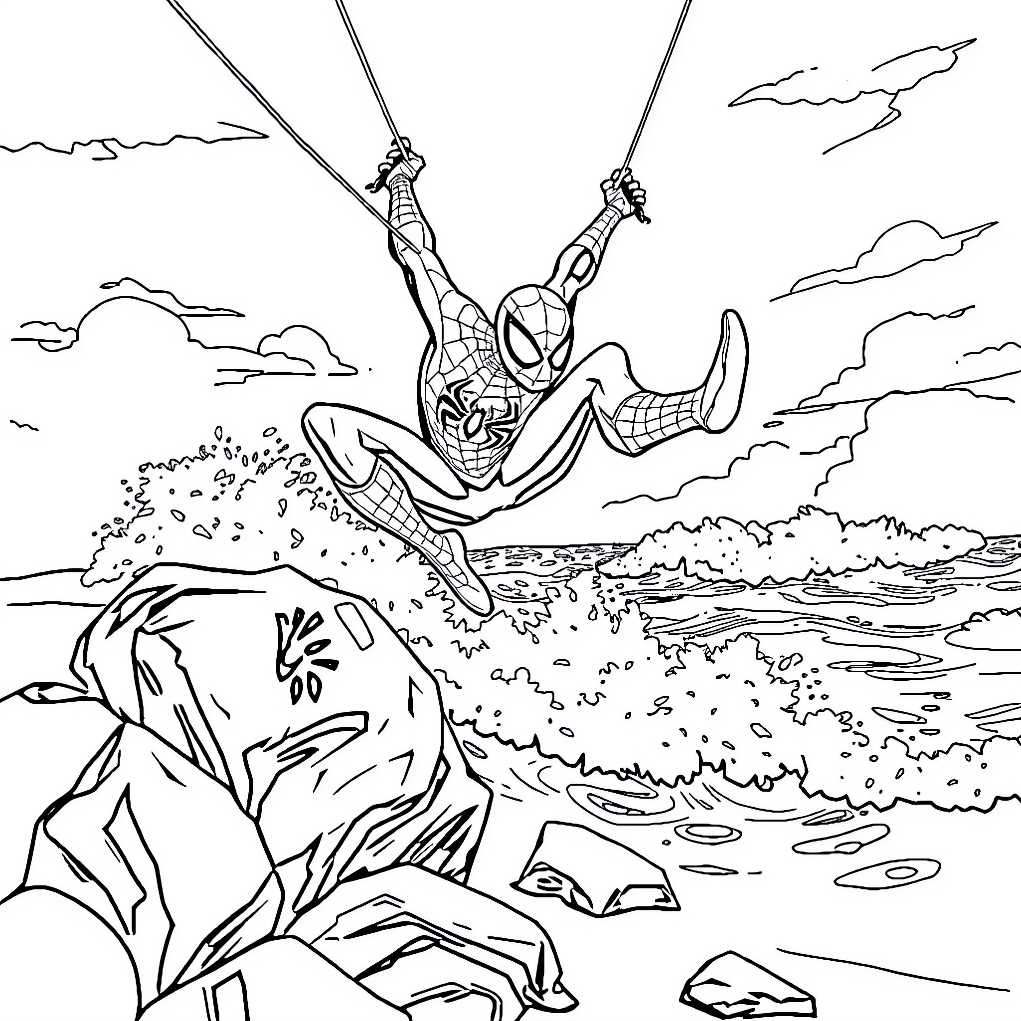 Spiderman swinging through the city skyline Coloring Page (free black-and-white line drawing printable PDF for all, from beginners to advanced learners, including children, teens, adults, and seniors)