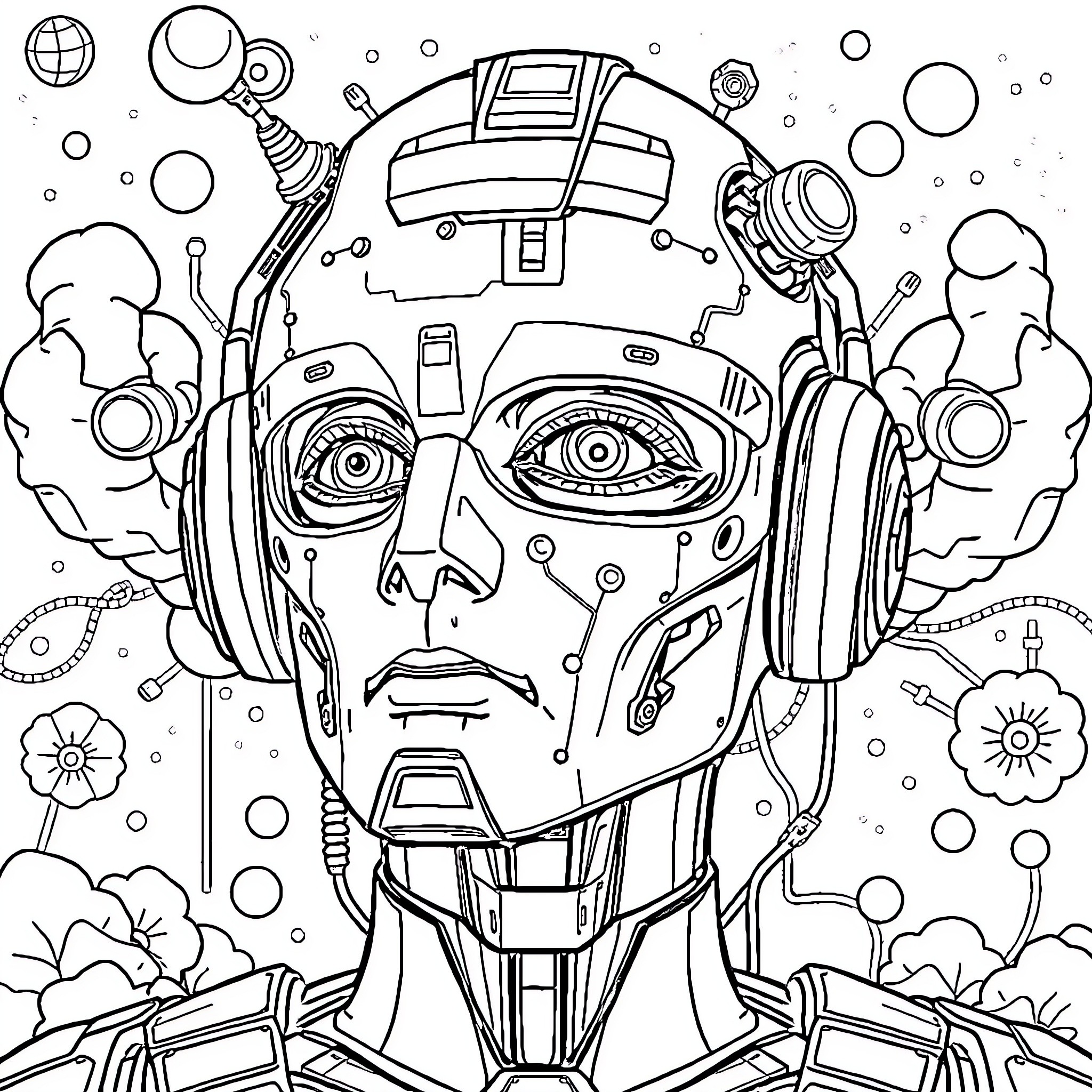 AI Robotic Futuristic Portrait with Surreal Elements Coloring Page (free black-and-white line drawing printable PDF for all, from beginners to advanced learners, including children, teens, adults, and seniors)