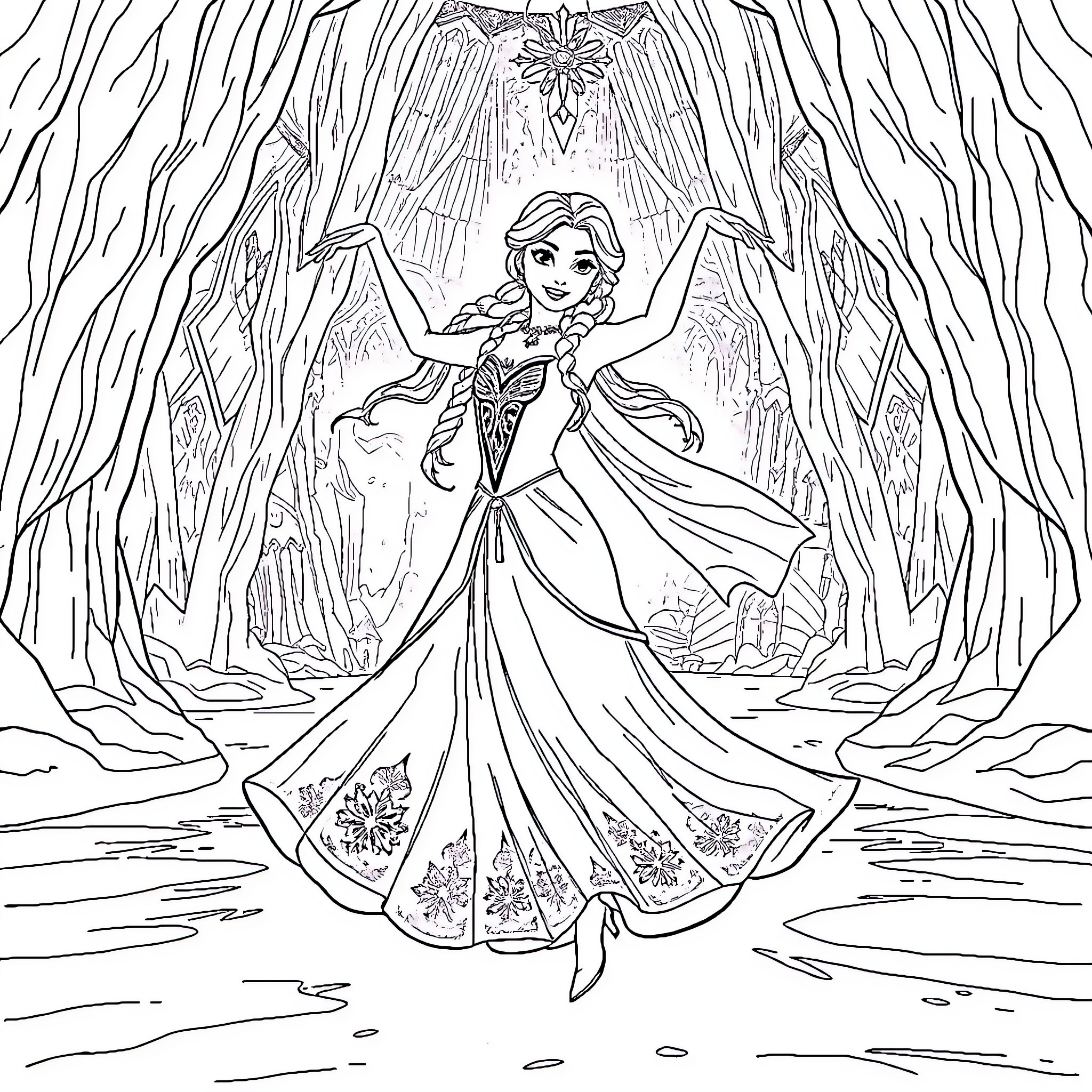 Snow Queen in Enchanted Forest Coloring Page (free black-and-white line drawing printable PDF for all, from beginners to advanced learners, including children, teens, adults, and seniors)