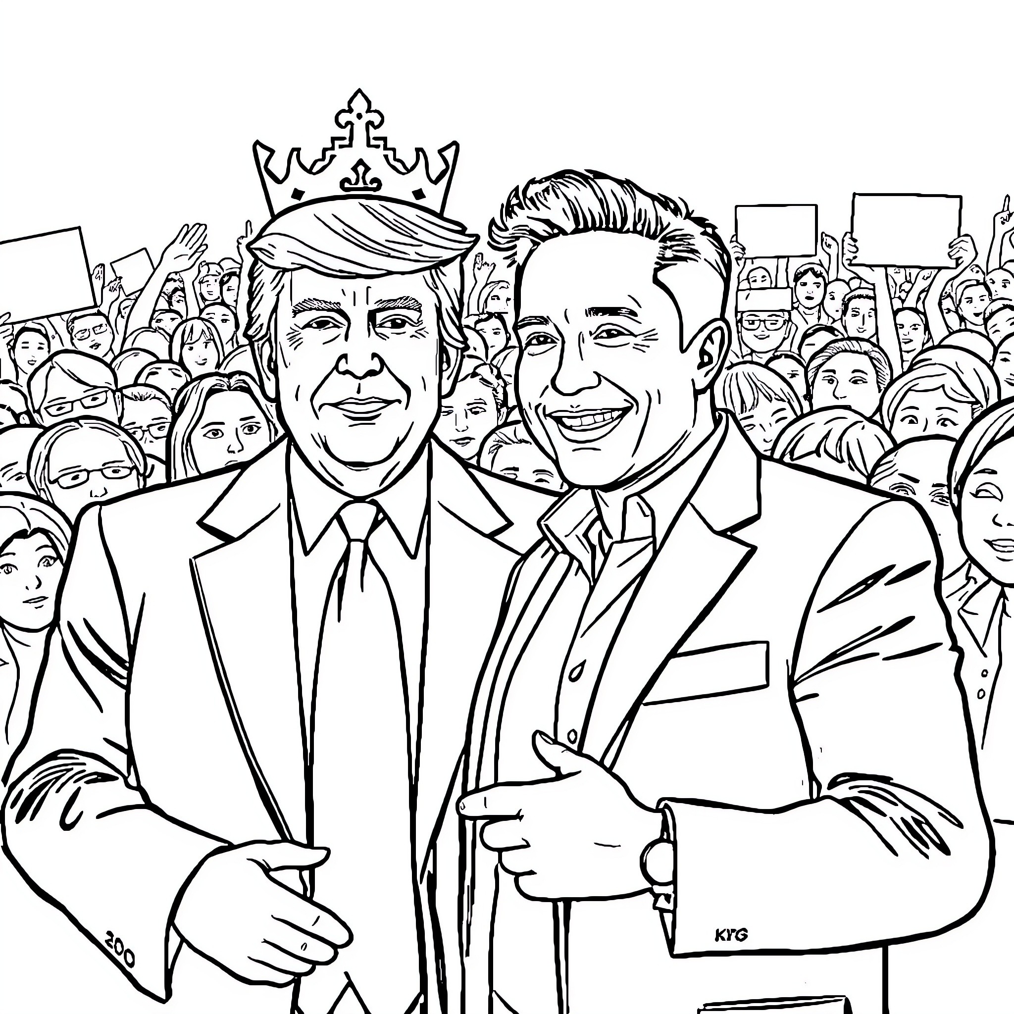 Trump's Triumphant Rally with Enthusiastic Supporters Coloring Page (free black-and-white line drawing printable PDF for all, from beginners to advanced learners, including children, teens, adults, and seniors)