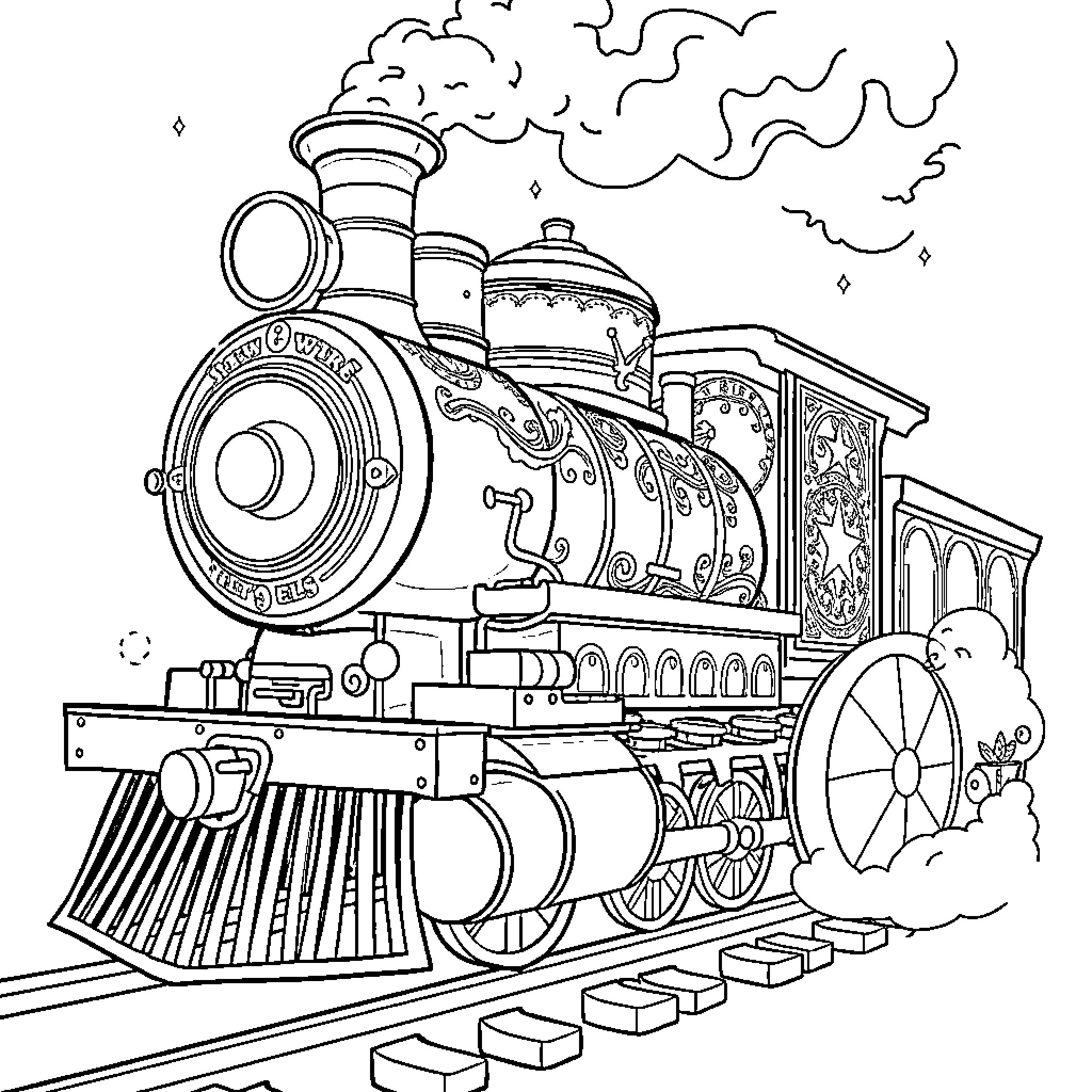 Lady Aboard the Ornate Steam Locomotive Coloring Page (free black-and-white line drawing printable PDF for all, from beginners to advanced learners, including children, teens, adults, and seniors)