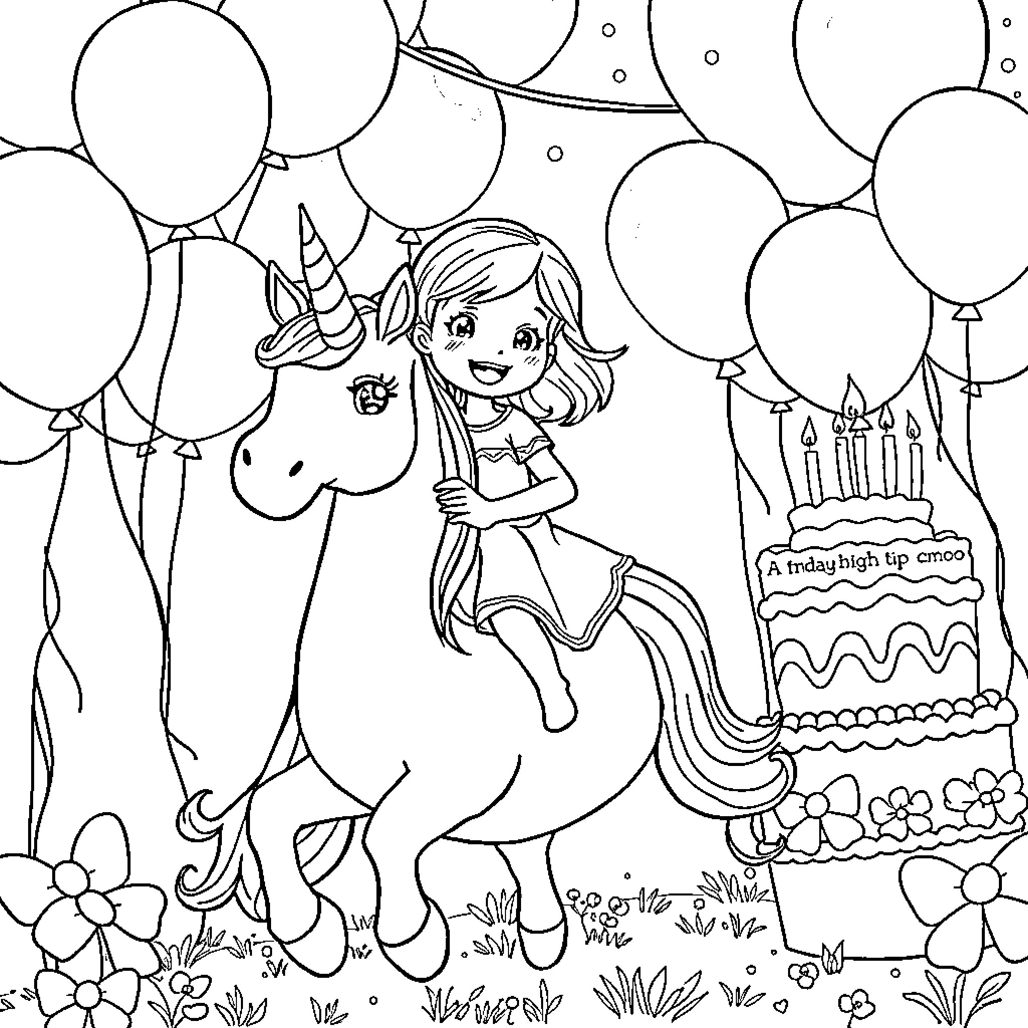 Girl riding a unicorn with balloons and birthday cake Coloring Page (free black-and-white line drawing printable PDF for all, from beginners to advanced learners, including children, teens, adults, and seniors)