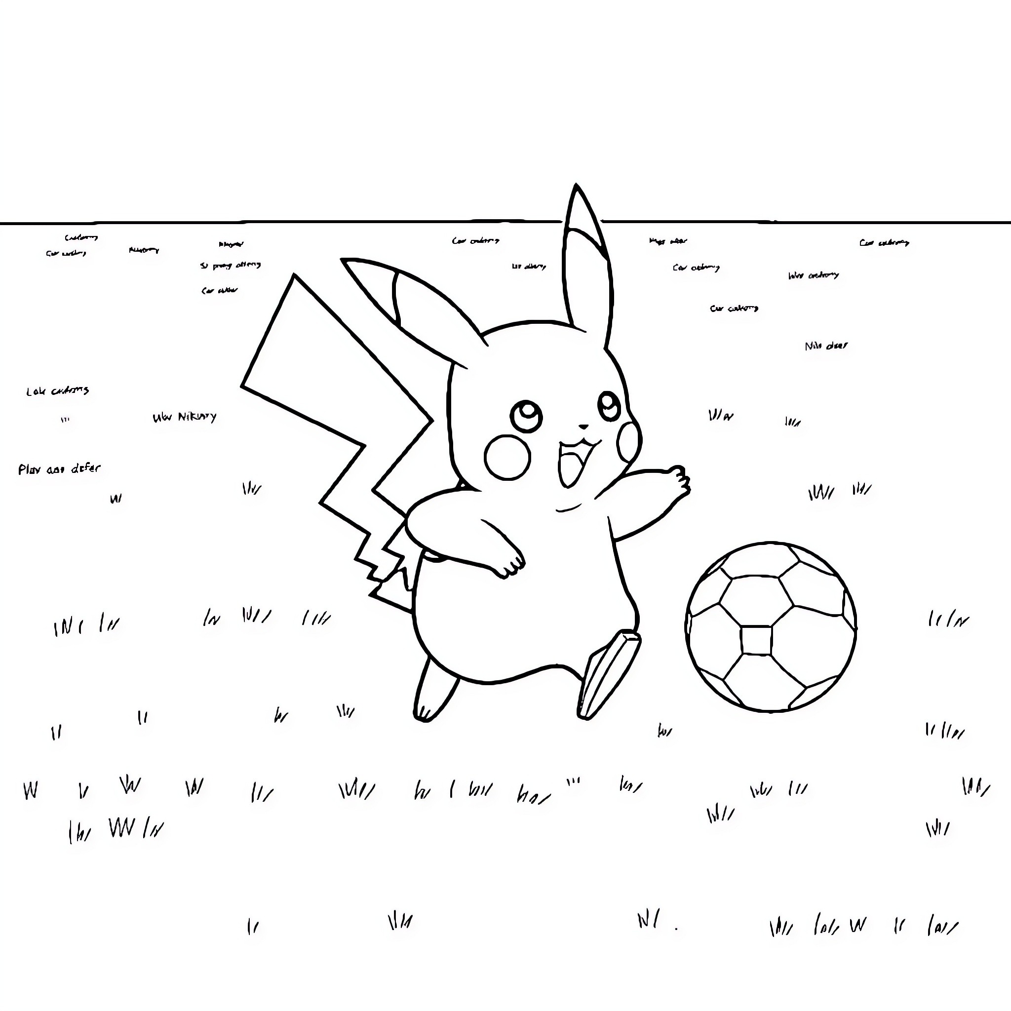 Pikachu playing with a soccer ball Coloring Page (free black-and-white line drawing printable PDF for all, from beginners to advanced learners, including children, teens, adults, and seniors)