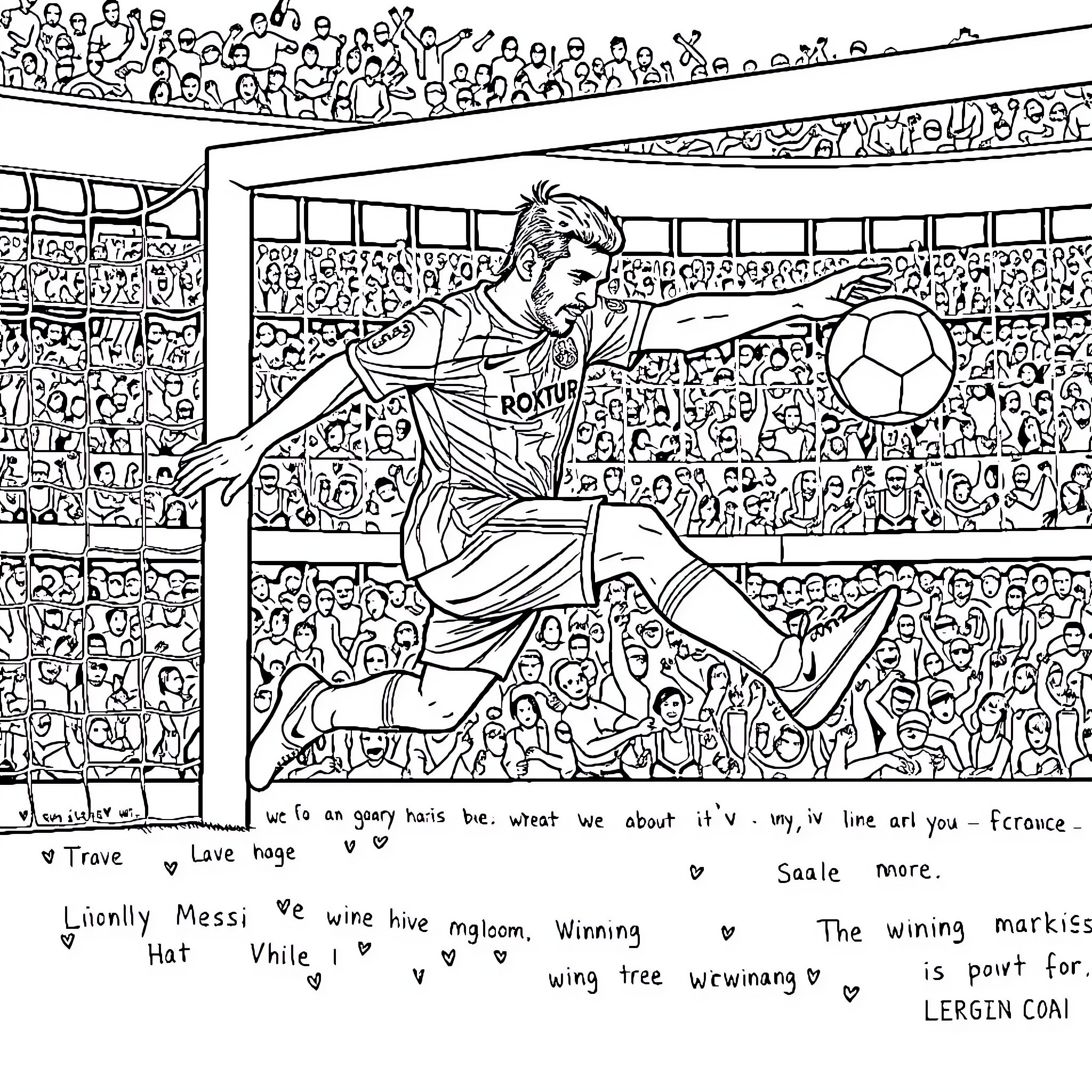 Lionel Messi's Triumphant Football Performance Coloring Page (free black-and-white line drawing printable PDF for all, from beginners to advanced learners, including children, teens, adults, and seniors)