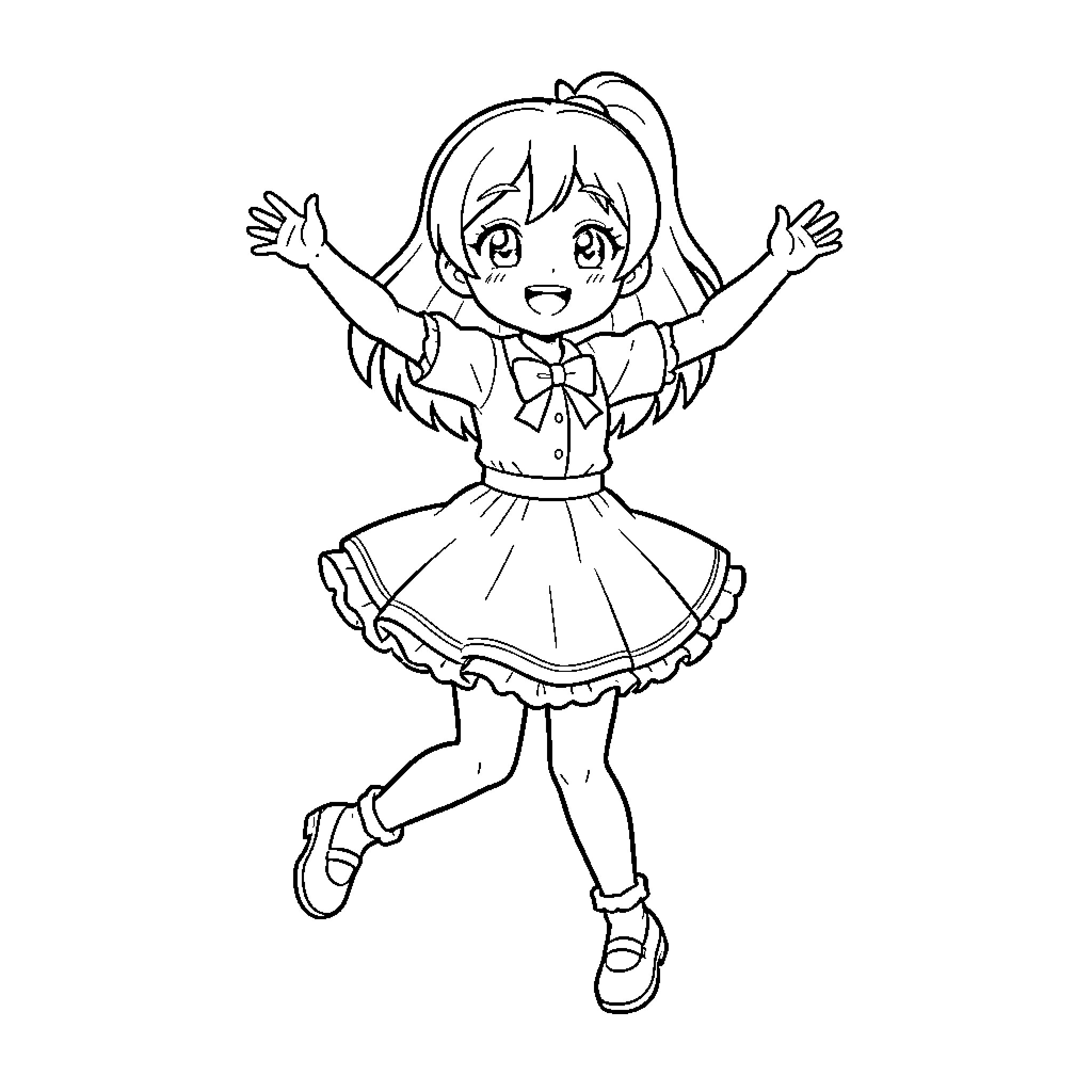 Anime Girl jumping joyfully with arms wide open Coloring Page (free black-and-white line drawing printable PDF for all, from beginners to advanced learners, including children, teens, adults, and seniors)