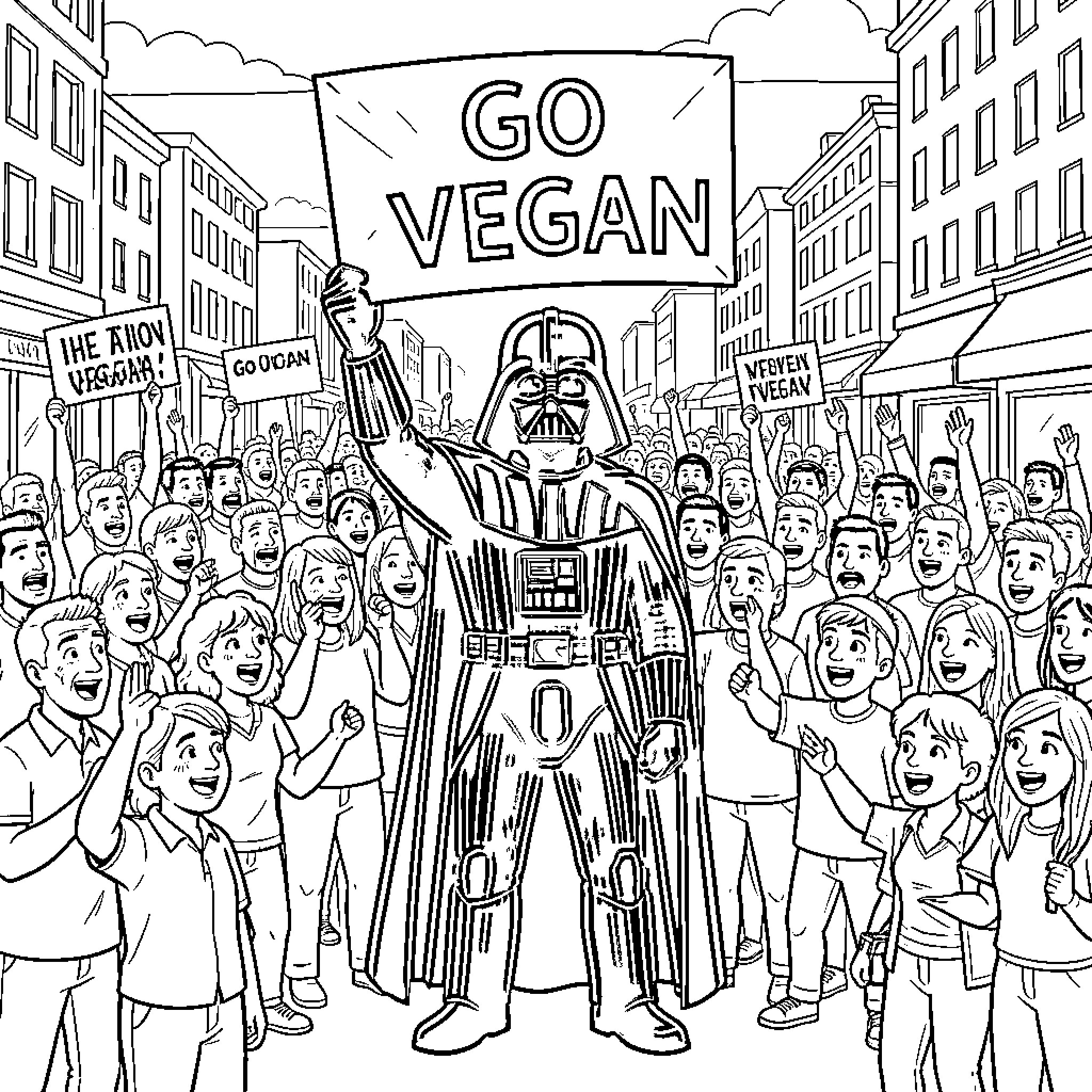 Darth Vader leading a crowd holding protest signs Coloring Page (free black-and-white line drawing printable PDF for all, from beginners to advanced learners, including children, teens, adults, and seniors)